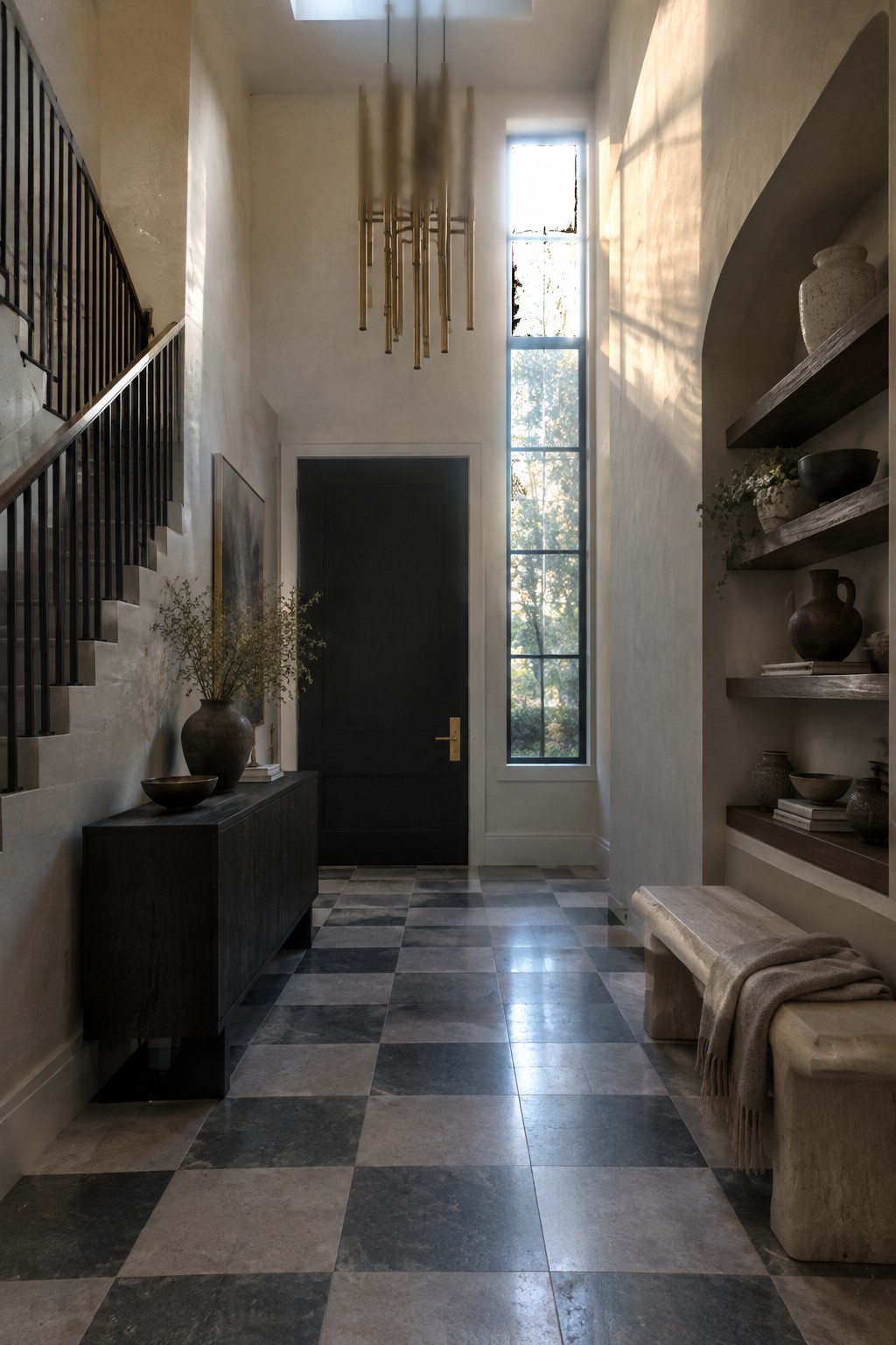A modern entry hall with a tall brass chandelier, black front door, checkered stone floor, and a stone bench on the right.