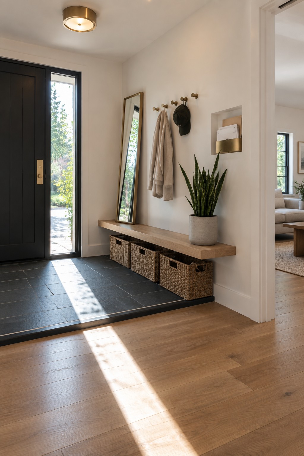 An interior entryway with a black front door, light wood bench holding three woven baskets, brass ceiling light, wall hooks with a jacket and cap, tall mirror, and potted plant on the bench.