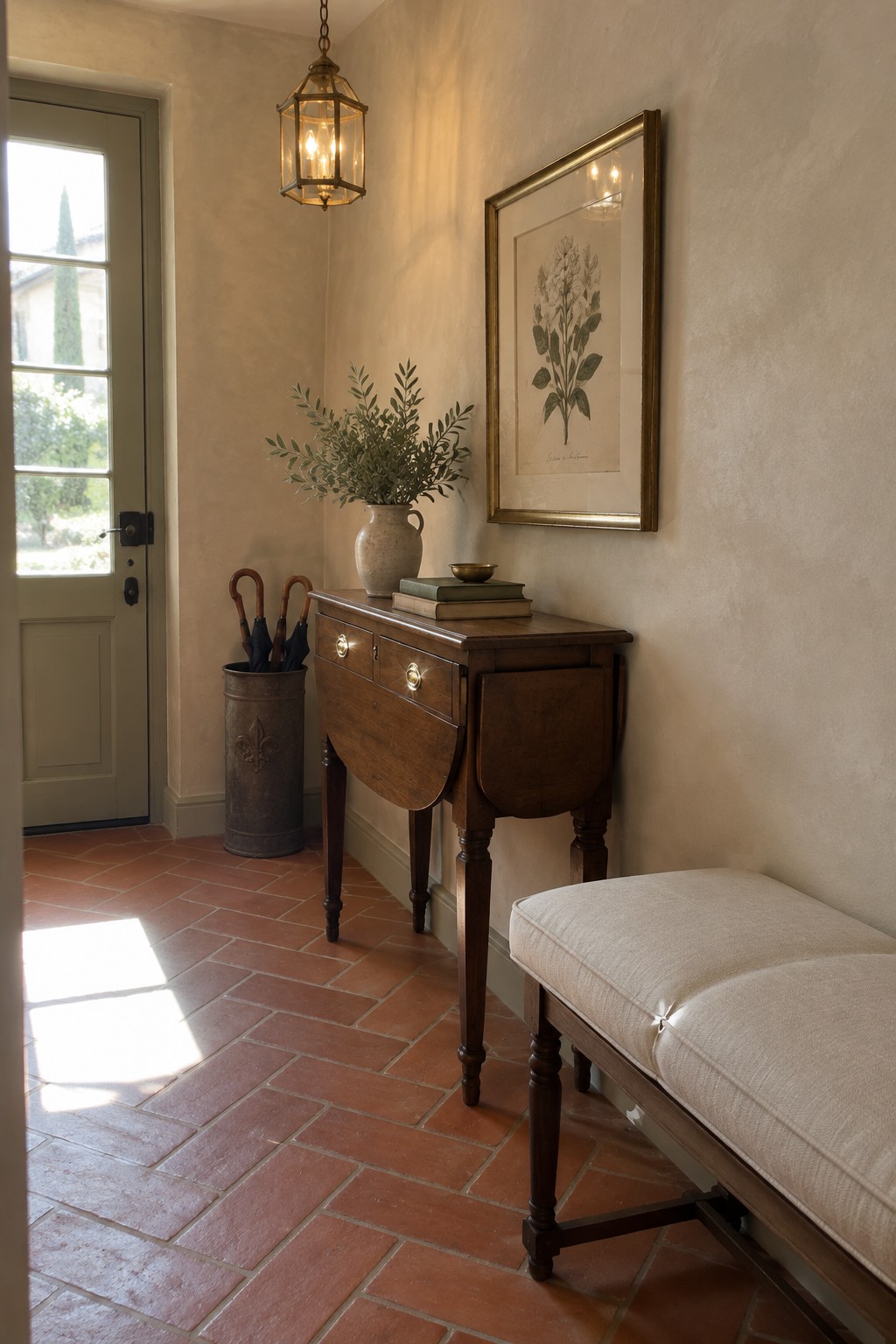 An interior entryway featuring a brass lantern pendant light hanging above a wooden drop-leaf console table on terracotta tile, with a framed botanical print on the wall and a cushioned bench in the foreground.