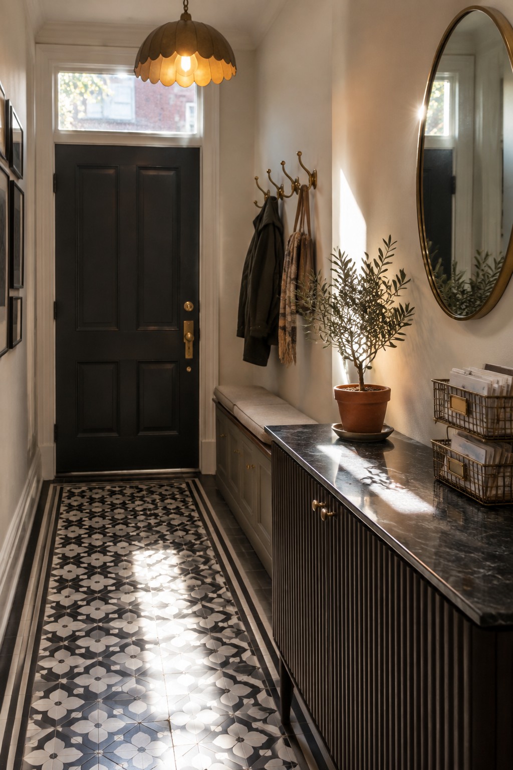A narrow interior entryway with black paneled door, patterned tile floor, brass pendant light, wall hooks holding coats, gray storage bench, dark console table with potted plant, and round wall mirror.