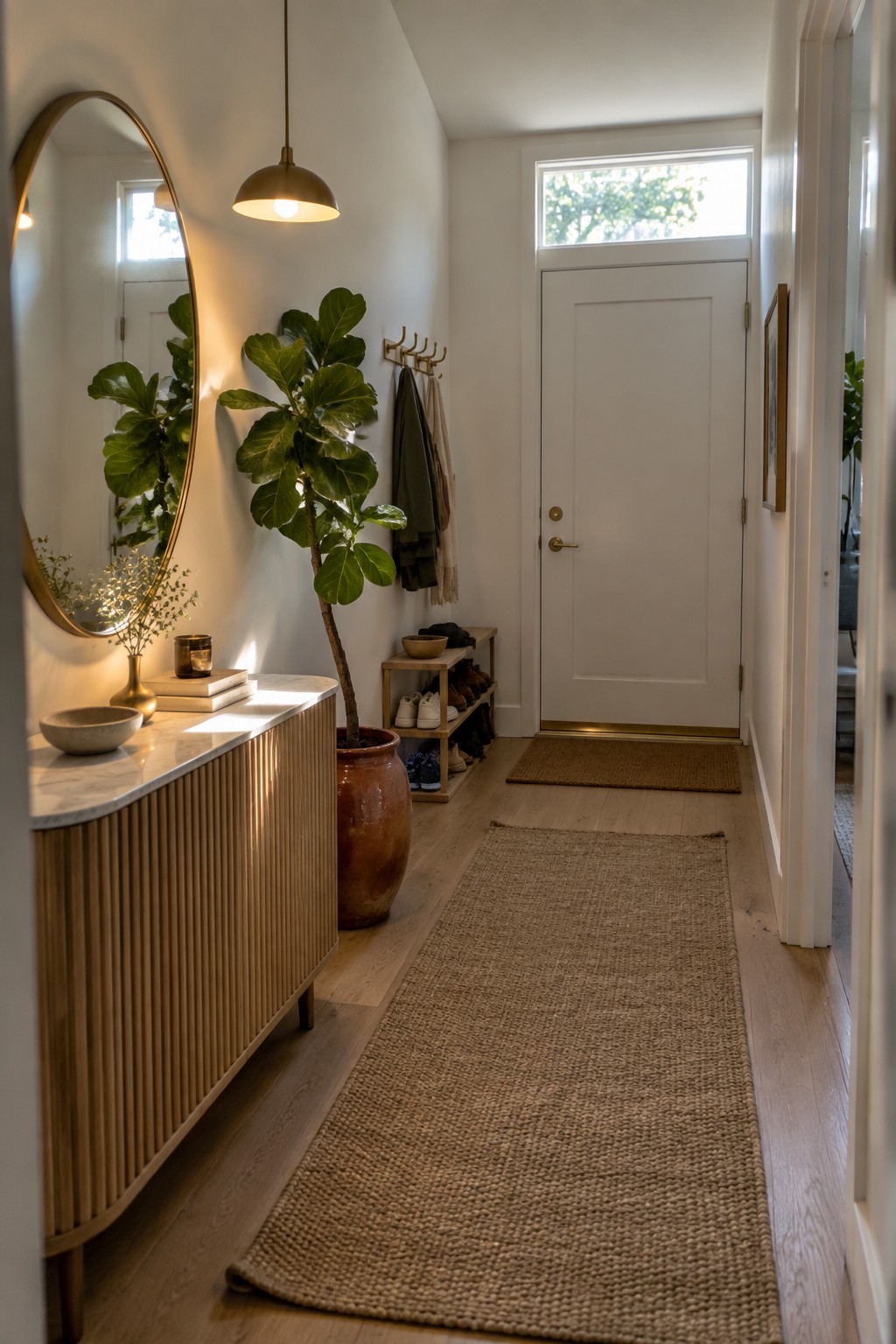 A narrow interior hallway with a brass dome pendant light, wooden console table, round mirror, potted fiddle leaf fig, and woven runner leading to a white front door.
