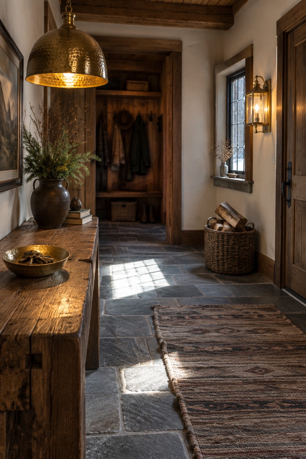 Rustic mudroom with stone floor, glowing brass pendant light, woven rug, and wooden bench