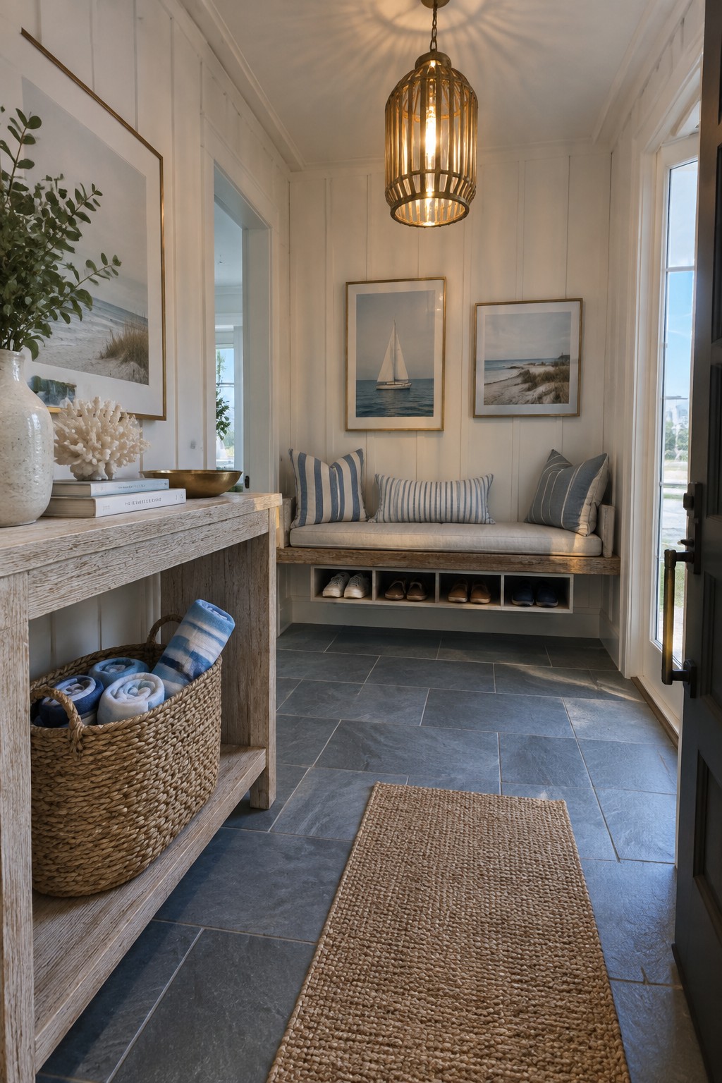 A brass cage pendant light hangs from the ceiling in a white entryway with a built-in bench, shoe storage, and a wooden console table holding books and a plant.