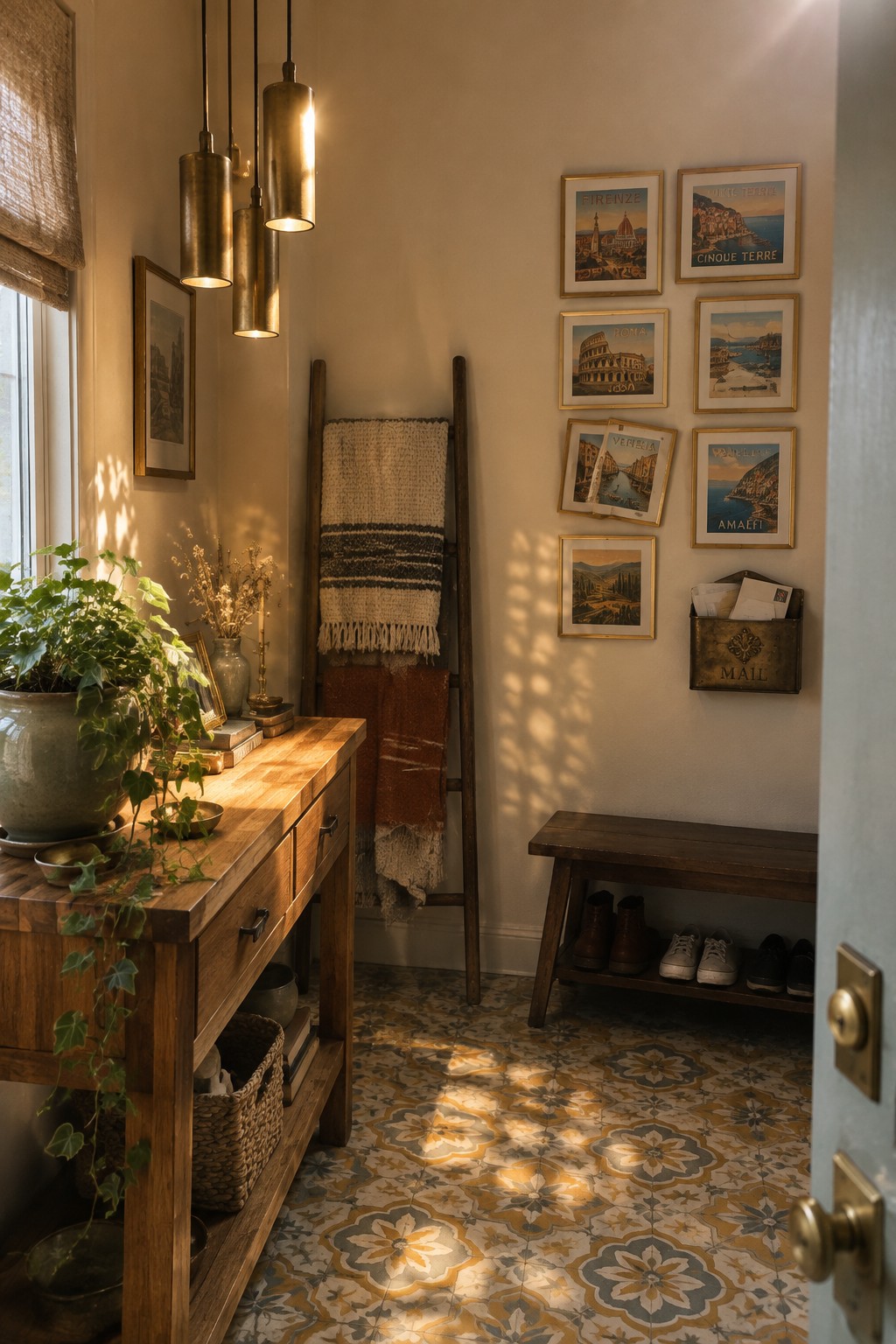 An interior entryway scene showing several brass pendant lights hanging above a wooden console table with a large potted plant, framed pictures on the wall, and a patterned tile floor.