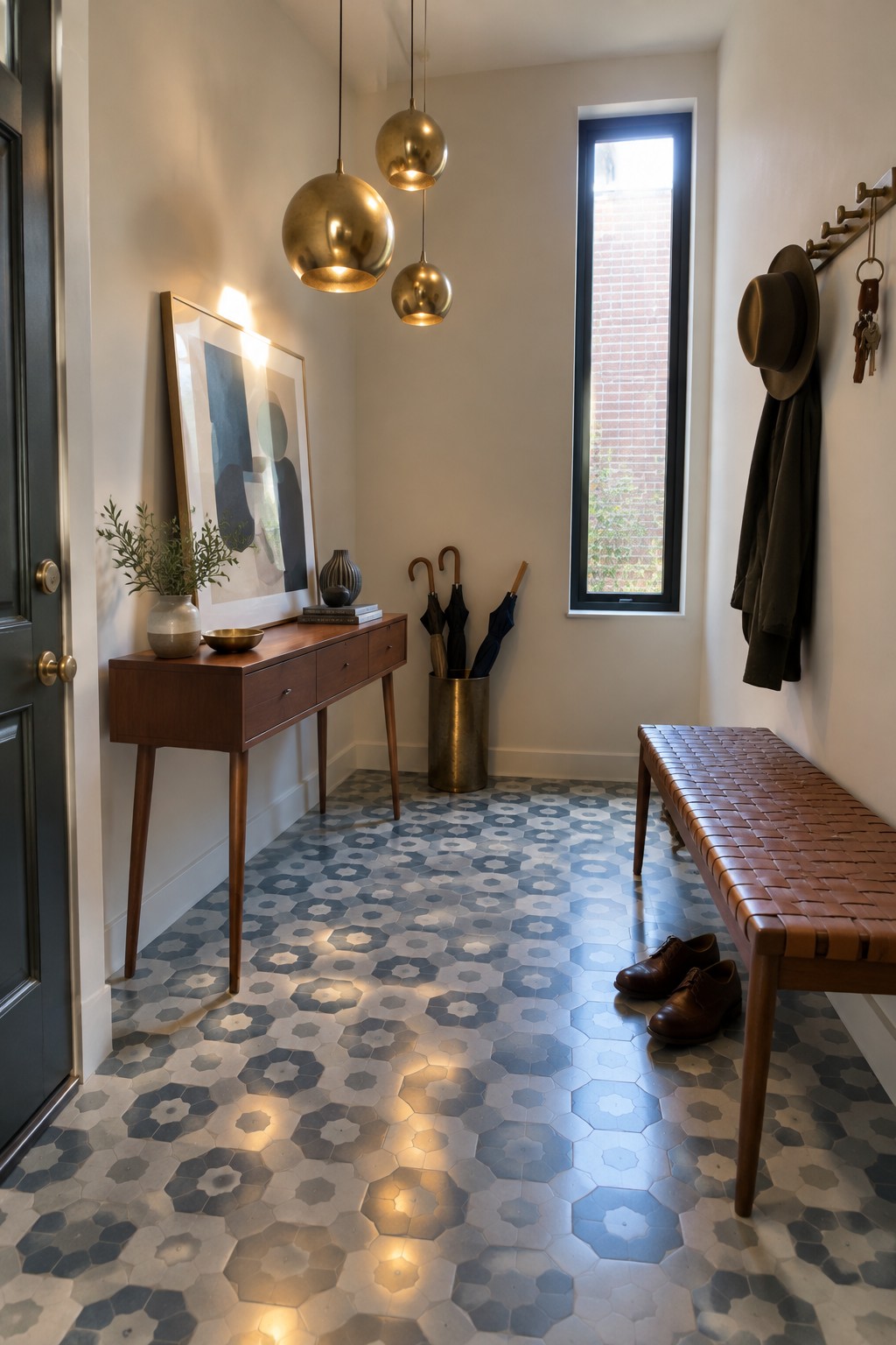 A modern home entryway with three brass globe pendant lights of varying sizes hanging above a wooden console table, a woven leather bench, and patterned hexagonal floor tiles.
