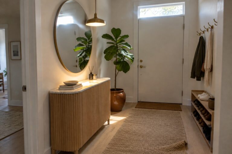 A narrow interior hallway with a brass dome pendant light, wooden console table, round mirror, potted fiddle leaf fig, and woven runner leading to a white front door.