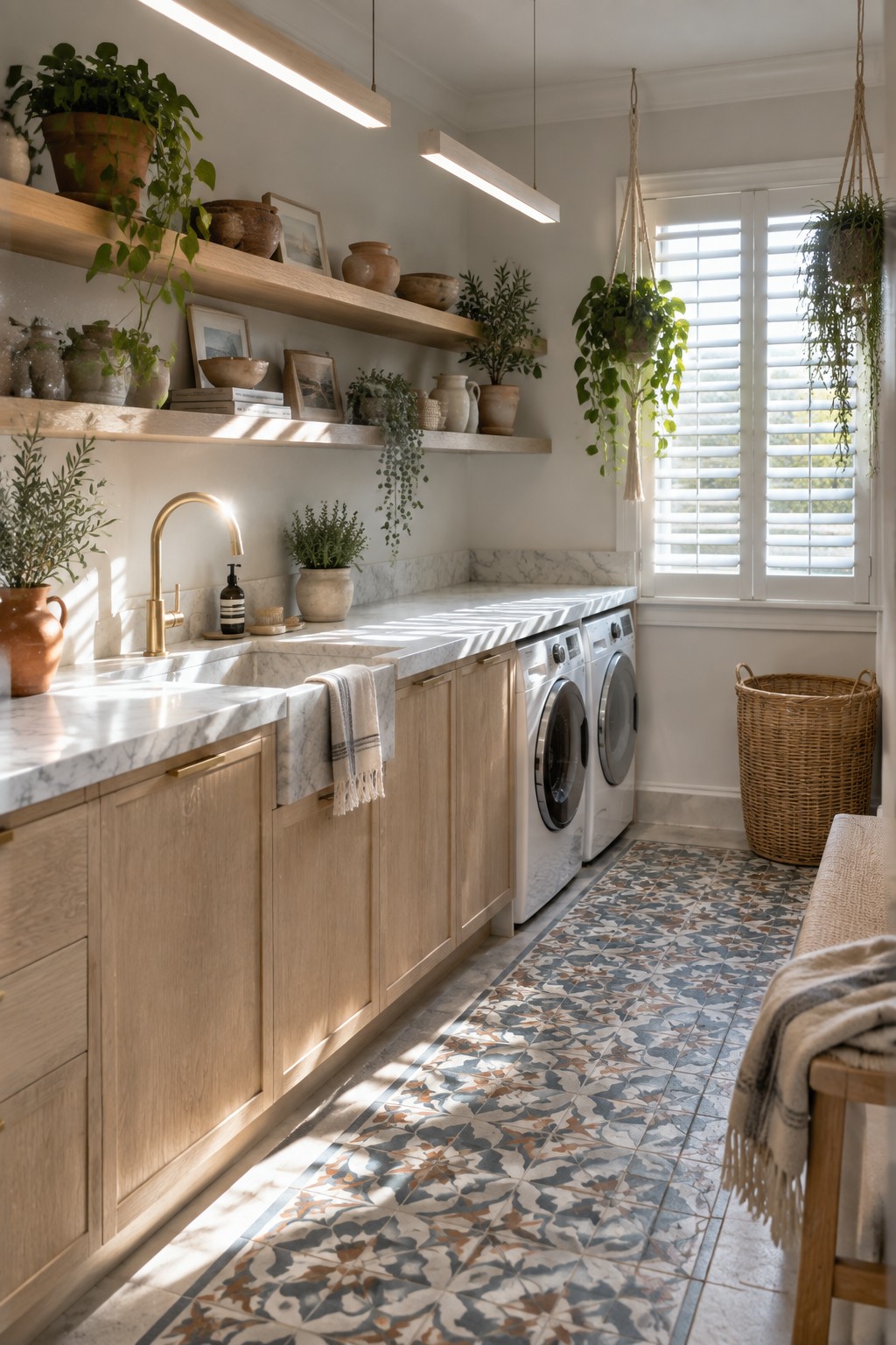 A bright laundry room with light wood cabinets, marble countertops, two front-loading washers, open wooden shelves, hanging plants, a window with shutters, and two long linear wooden ceiling light fixtures.