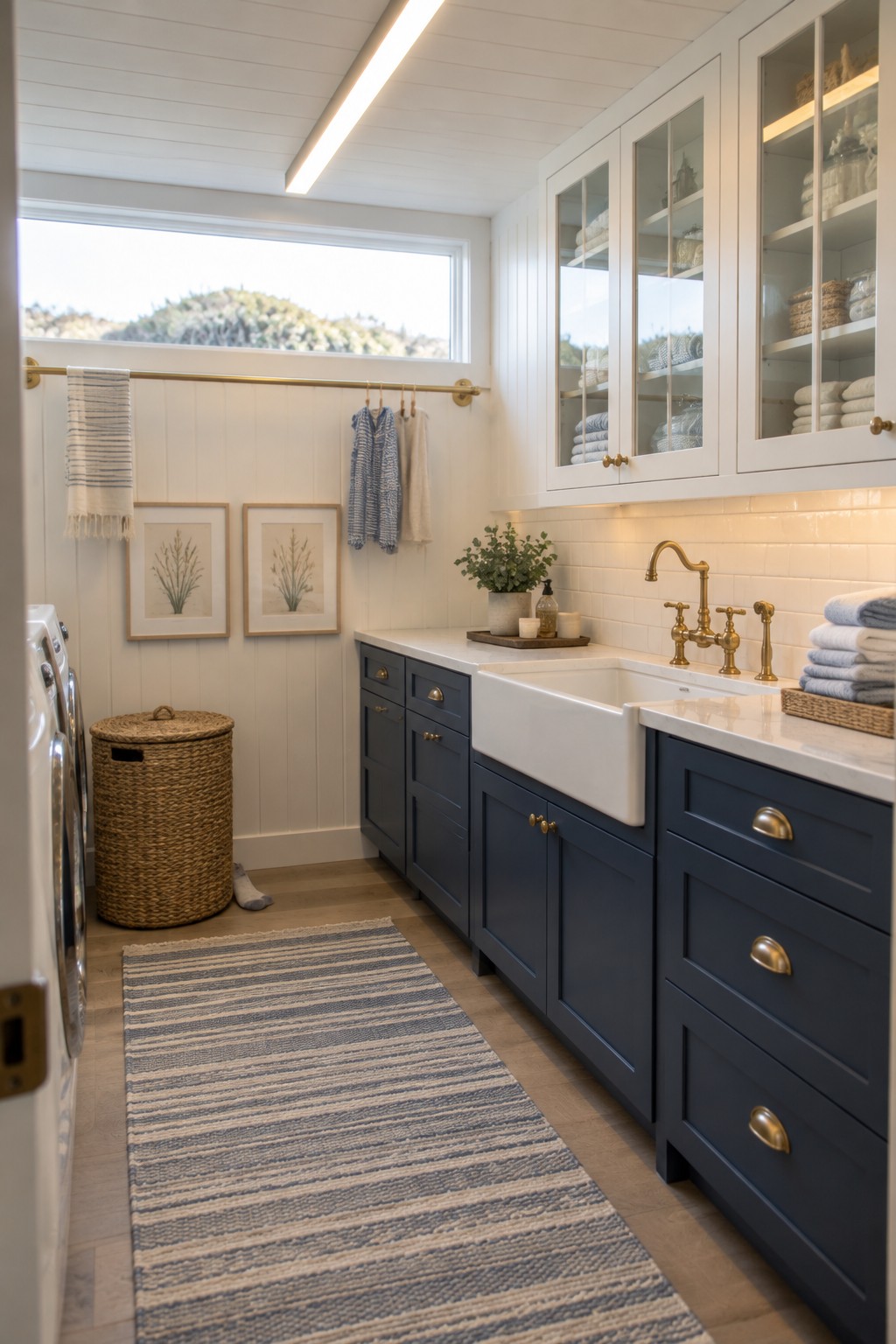Modern laundry room with navy cabinets, white farmhouse sink, brass faucet, and striped rug