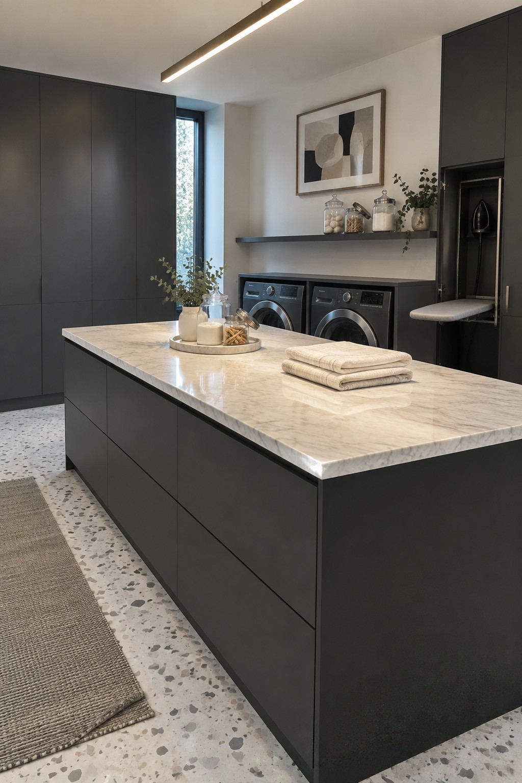 Modern laundry room with dark cabinets, marble island, washing machines, and folded towels.
