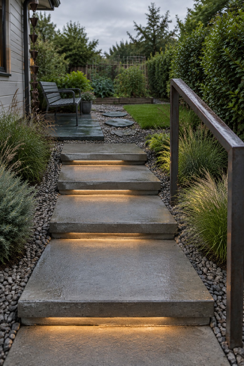 Illuminated concrete garden steps with warm underlighting and metal handrail