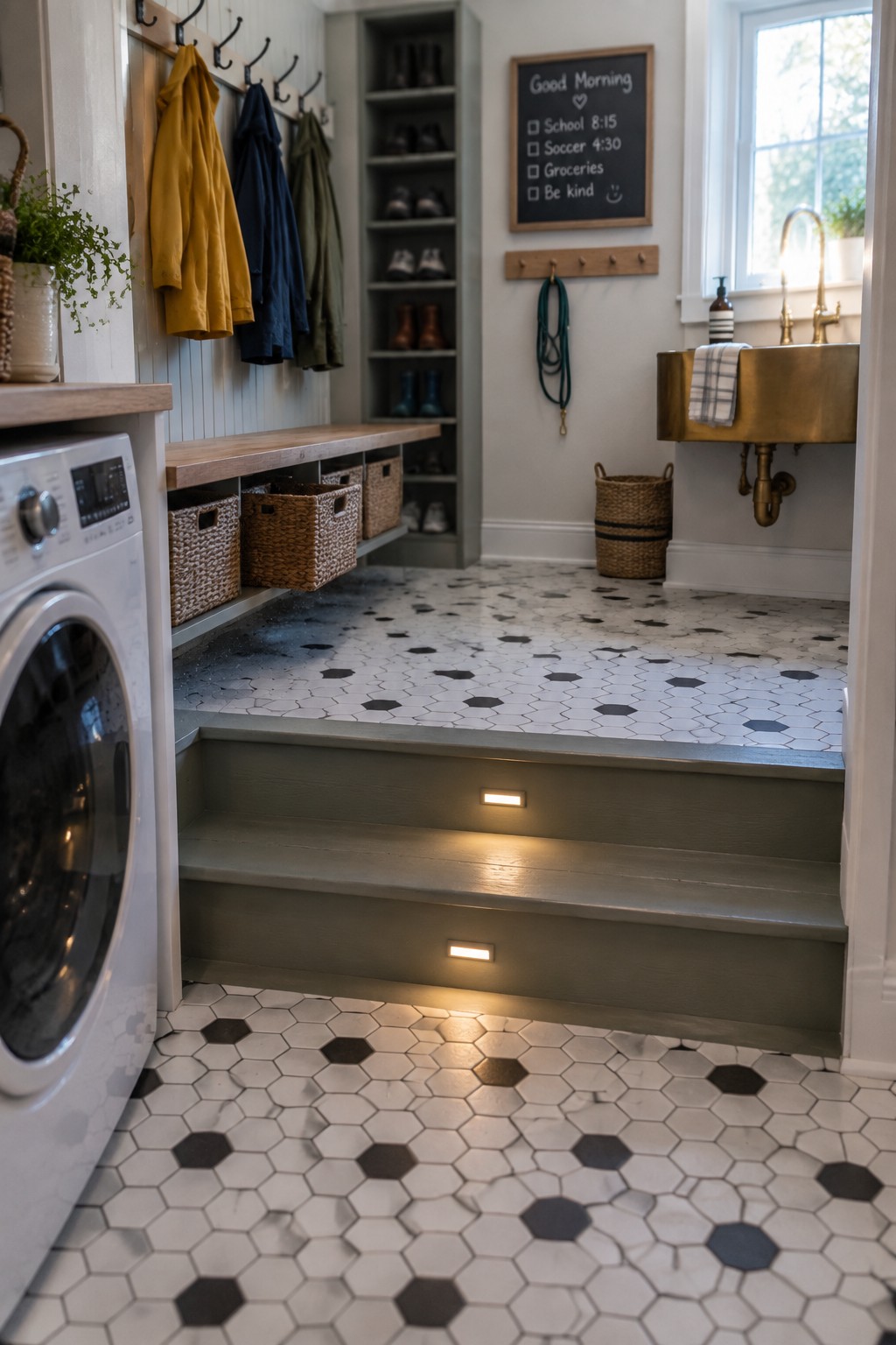 Mudroom with hanging coats, washing machine, brass sink, woven baskets, and hex tile floor