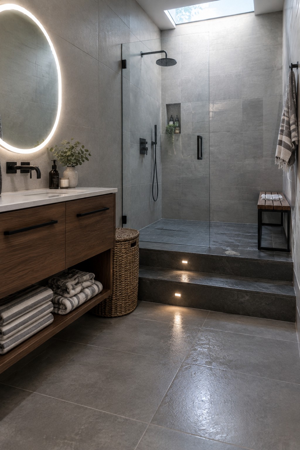 Modern bathroom with gray tiled walls and floor, glass shower enclosure, and three steps leading into the shower that have small embedded low-level lights.