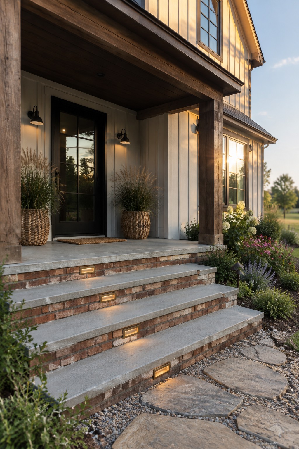 Concrete stairs with brick risers and small rectangular lights recessed into the vertical faces, leading up to a house porch with a black door and woven plant baskets.