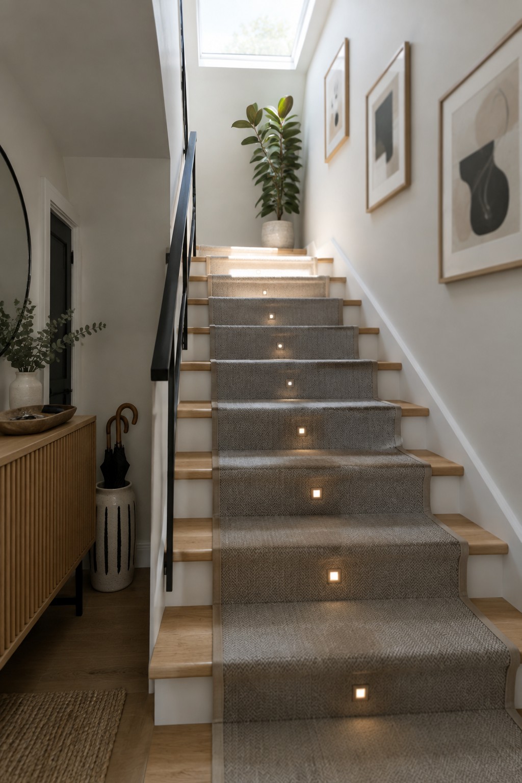 A staircase with a gray herringbone carpet runner over light wood treads, featuring small illuminated step lights on multiple risers.