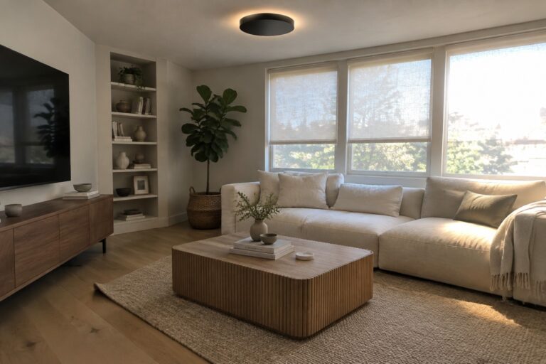 A modern living room with a black circular flush mount light centered on a light ceiling above a beige sofa and wooden coffee table.