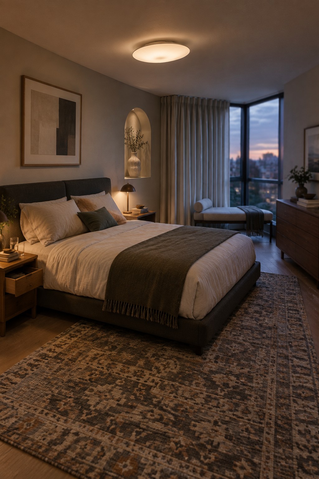 A modern bedroom with a large round flush mount ceiling light above a bed with beige linens, a dark upholstered headboard, a patterned rug, and a window with curtains.