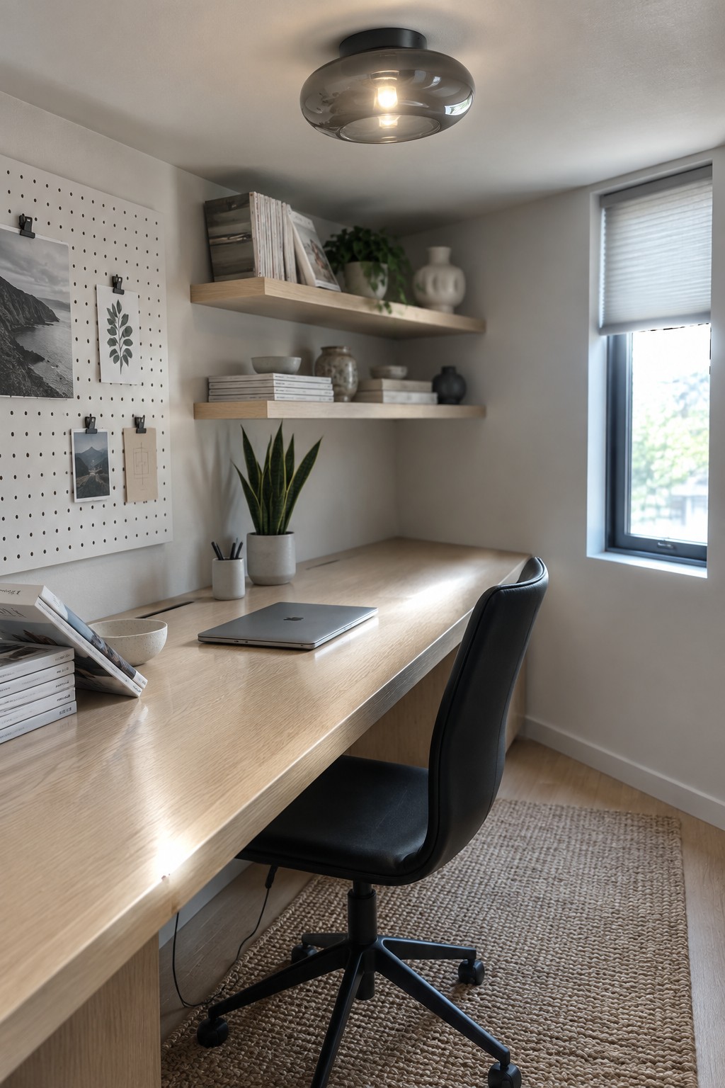 A modern home office with a light wood desk, black office chair, floating shelves, pegboard wall, and a round glass flush mount ceiling light.
