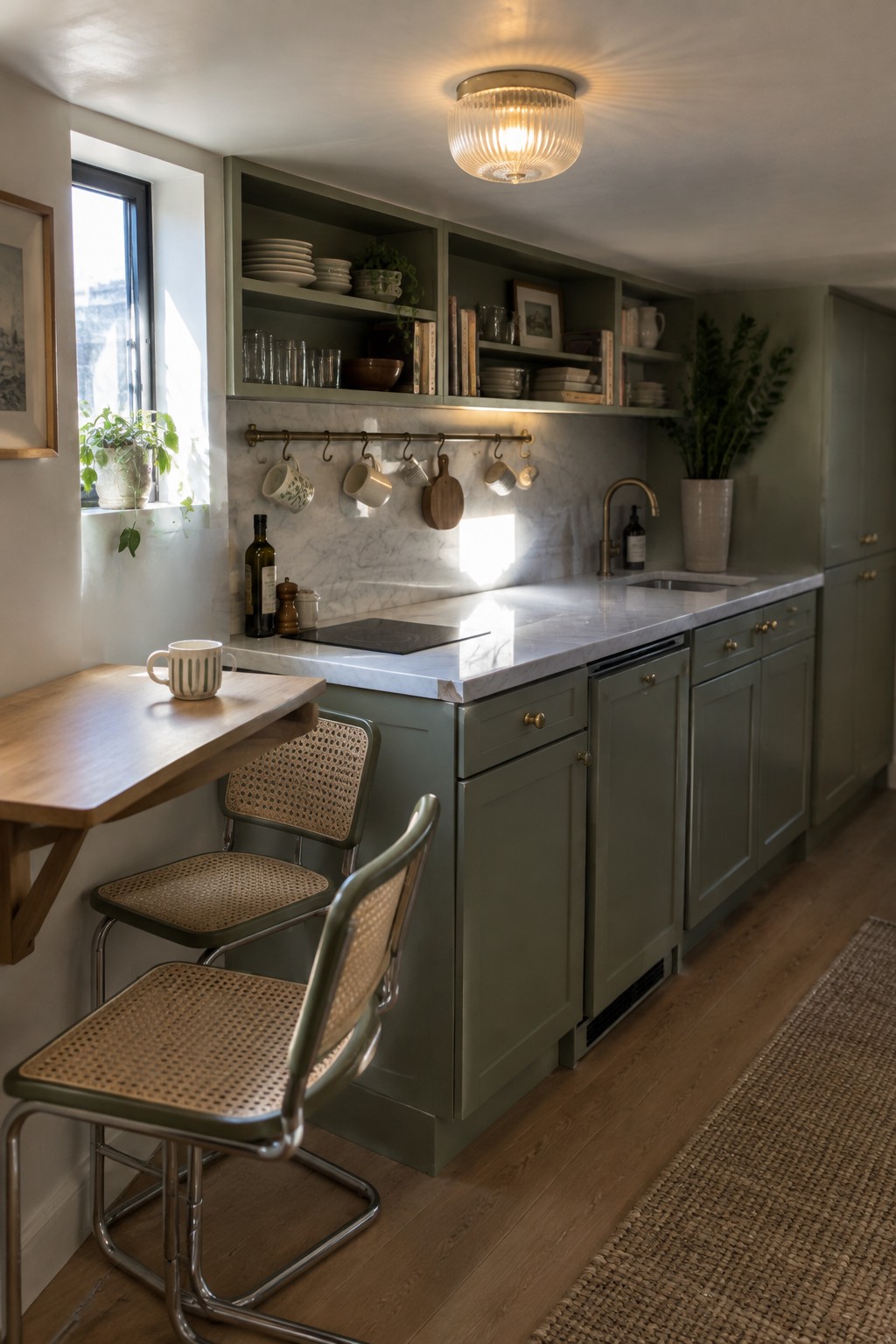 Sage green kitchen with marble counters, open shelves, and cane chairs at wooden table.