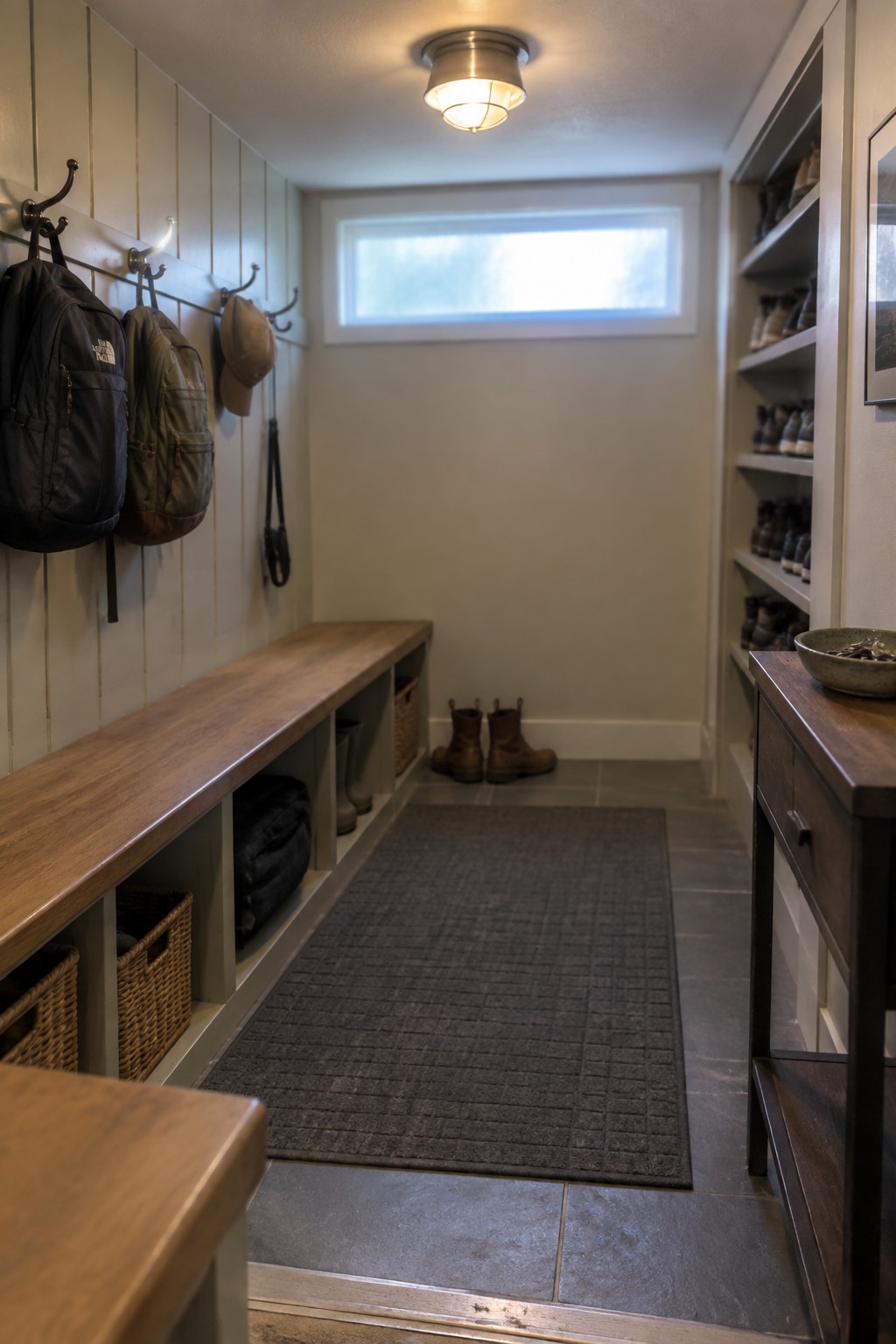 A narrow mudroom interior with a flush mount ceiling light, wooden bench with cubbies, wall hooks holding backpacks, and a gray runner rug on tile flooring.