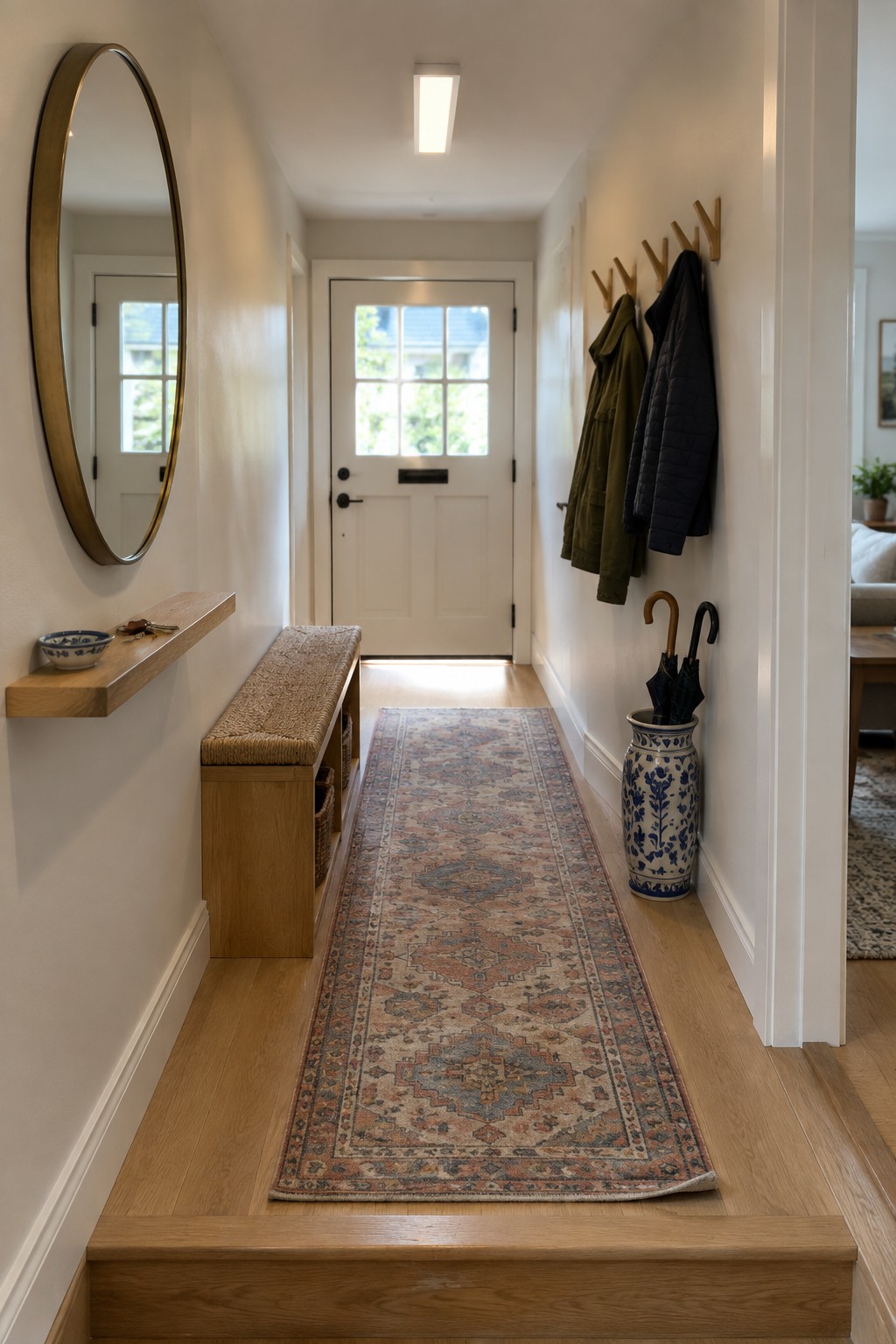A narrow interior hallway with light wood floors, a long patterned runner rug, and a rectangular flush mount ceiling light above a white front door.