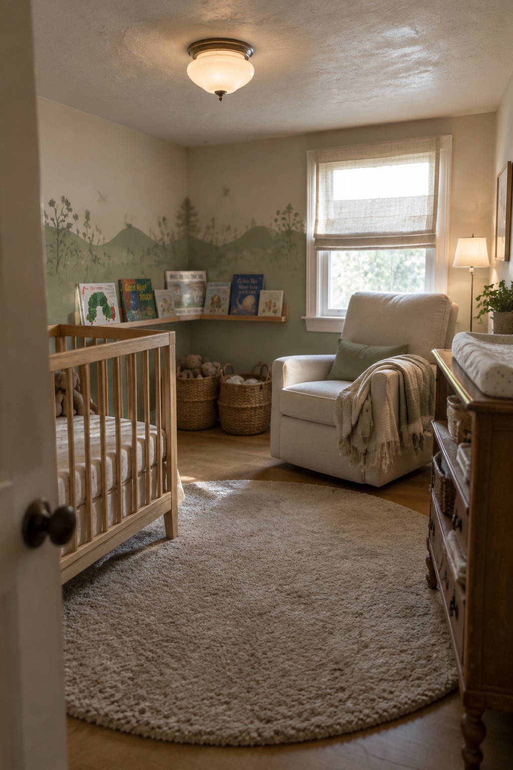 A nursery interior with a wooden crib on the left, a white armchair near a window, woven baskets, a round beige rug, and a round flush mount ceiling light.