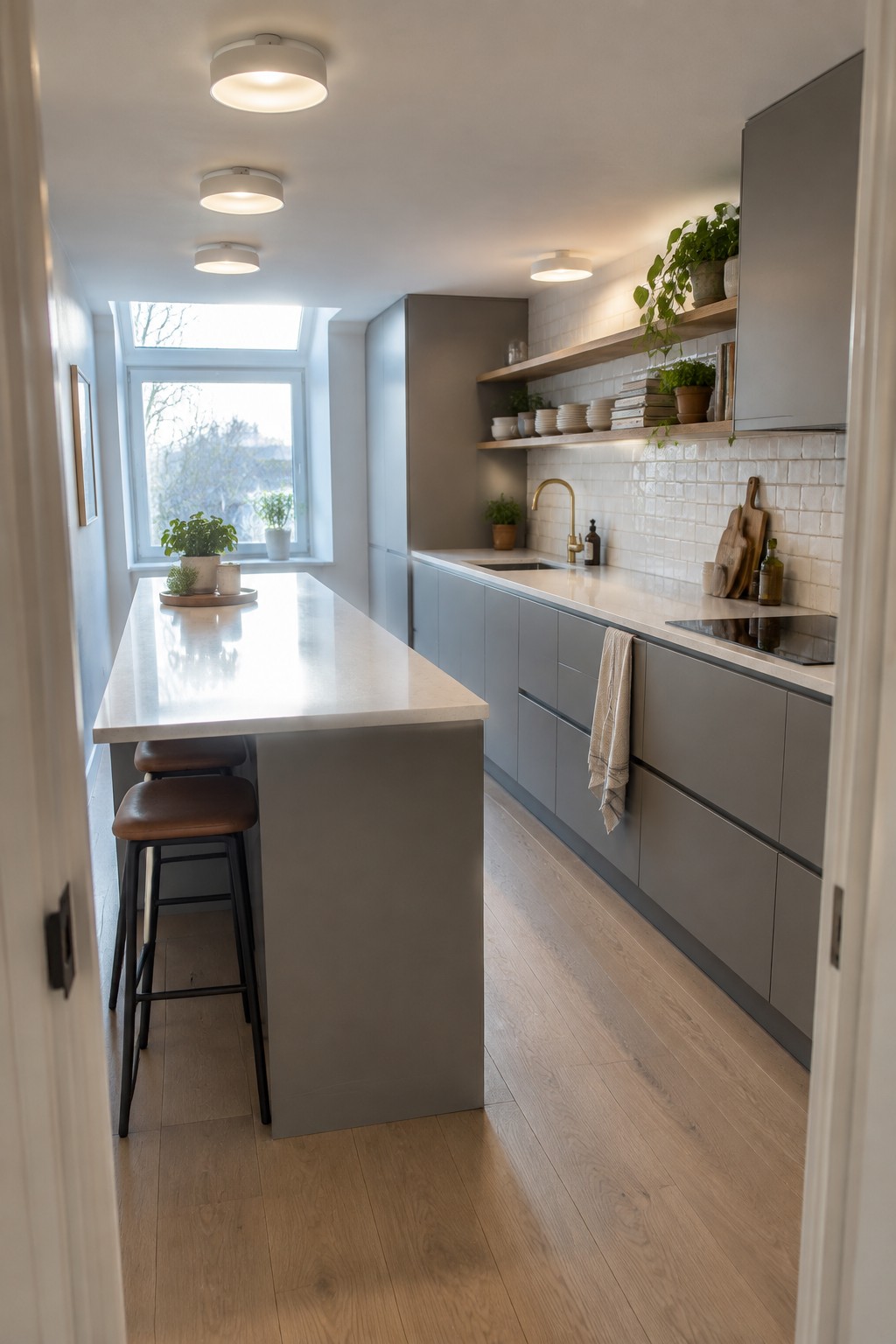 Modern kitchen with gray cabinets, white island, brown stools, and wooden floors.