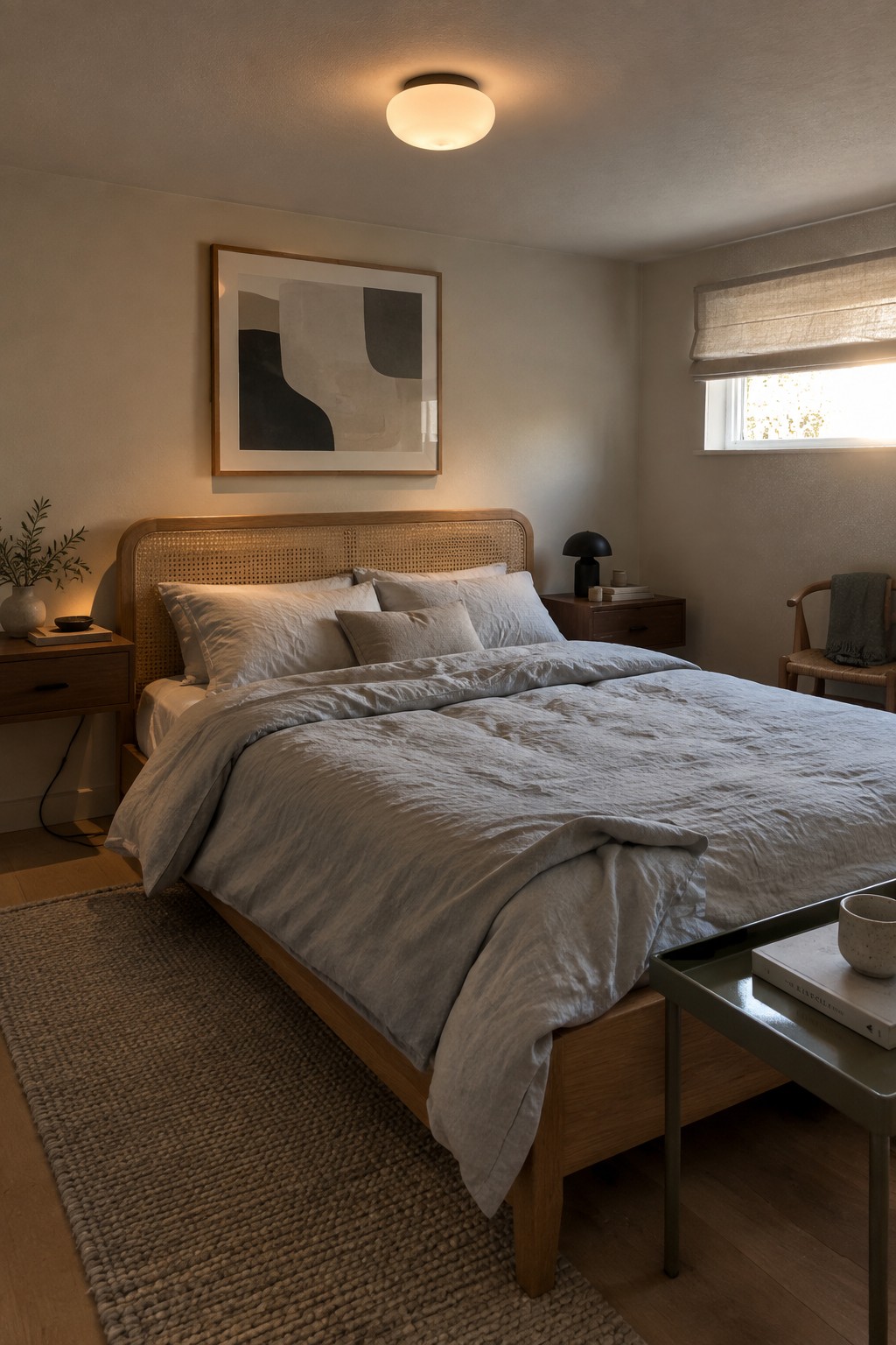 Cozy bedroom with wooden bed, rumpled gray linen bedding, abstract art, and warm lighting