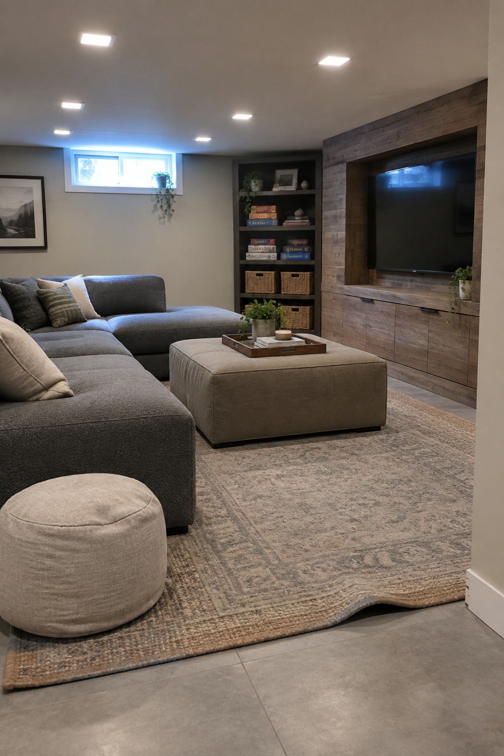 Modern living room with gray sectional sofa, beige ottoman, patterned rug, and TV console