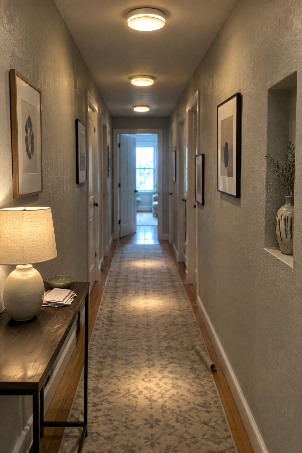 A long narrow interior hallway with a patterned runner rug, wooden console table on the left holding a lamp and papers, framed art on both walls, and several round flush mount ceiling lights.