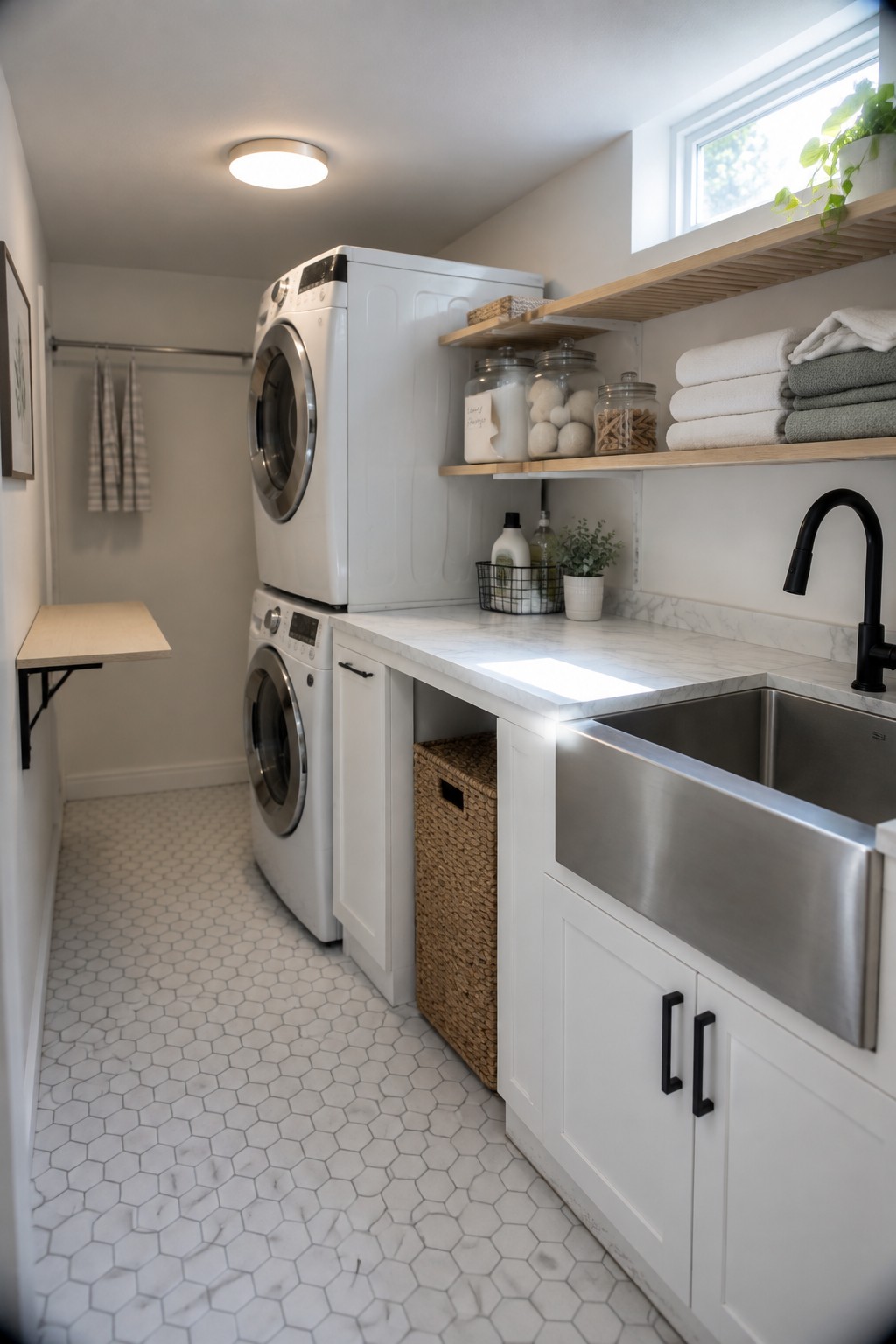 A modern laundry room with stacked white washer and dryer units, a stainless steel sink, white cabinets, and a round flush mount ceiling light.