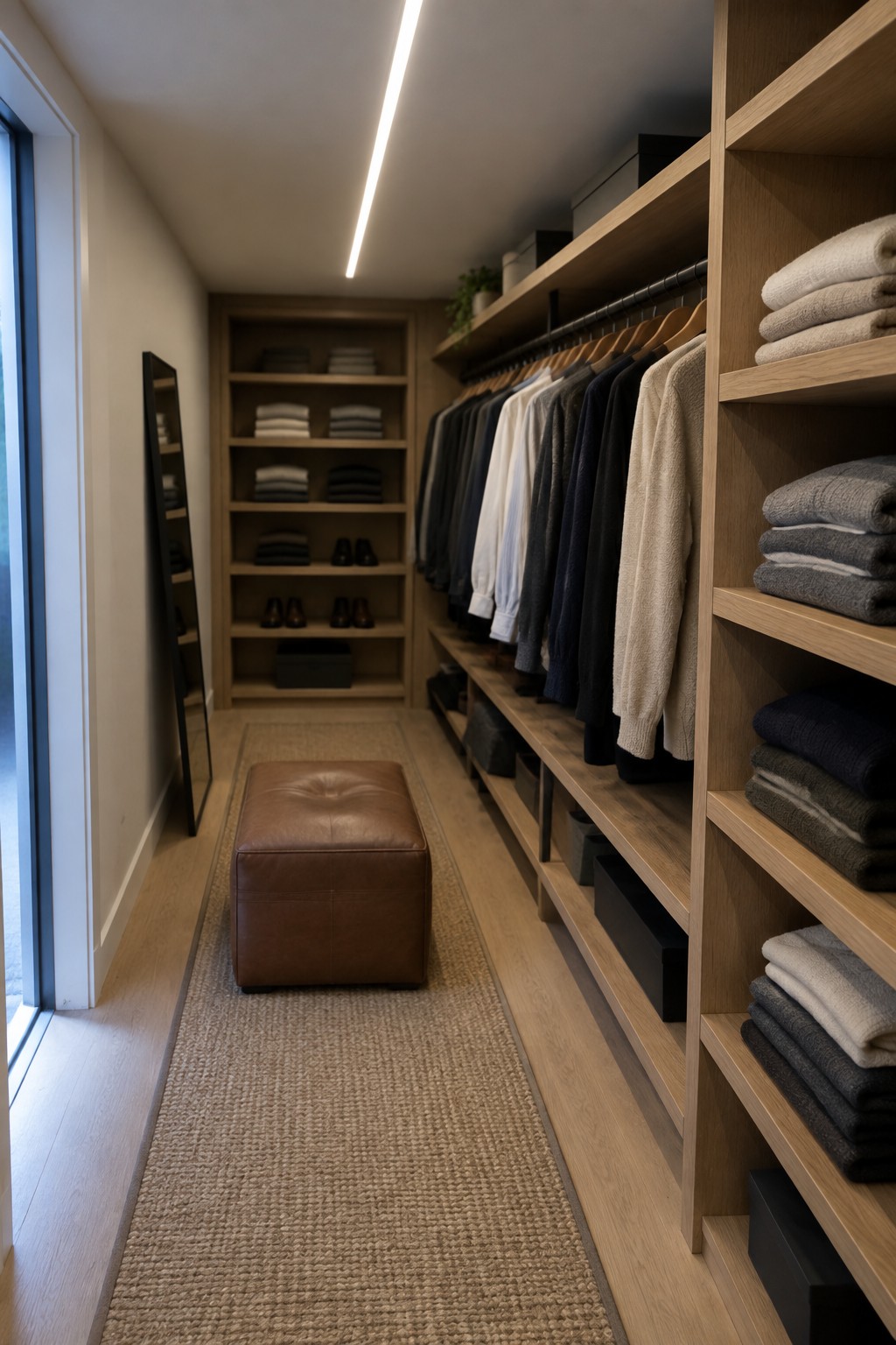 A narrow walk-in closet with a long linear flush mount light running along the ceiling, wooden open shelving, hanging clothes, and a brown leather ottoman on a woven runner.