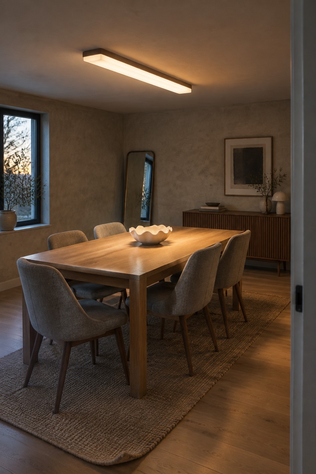 Modern dining room with wooden table, gray chairs on jute rug, warm lighting