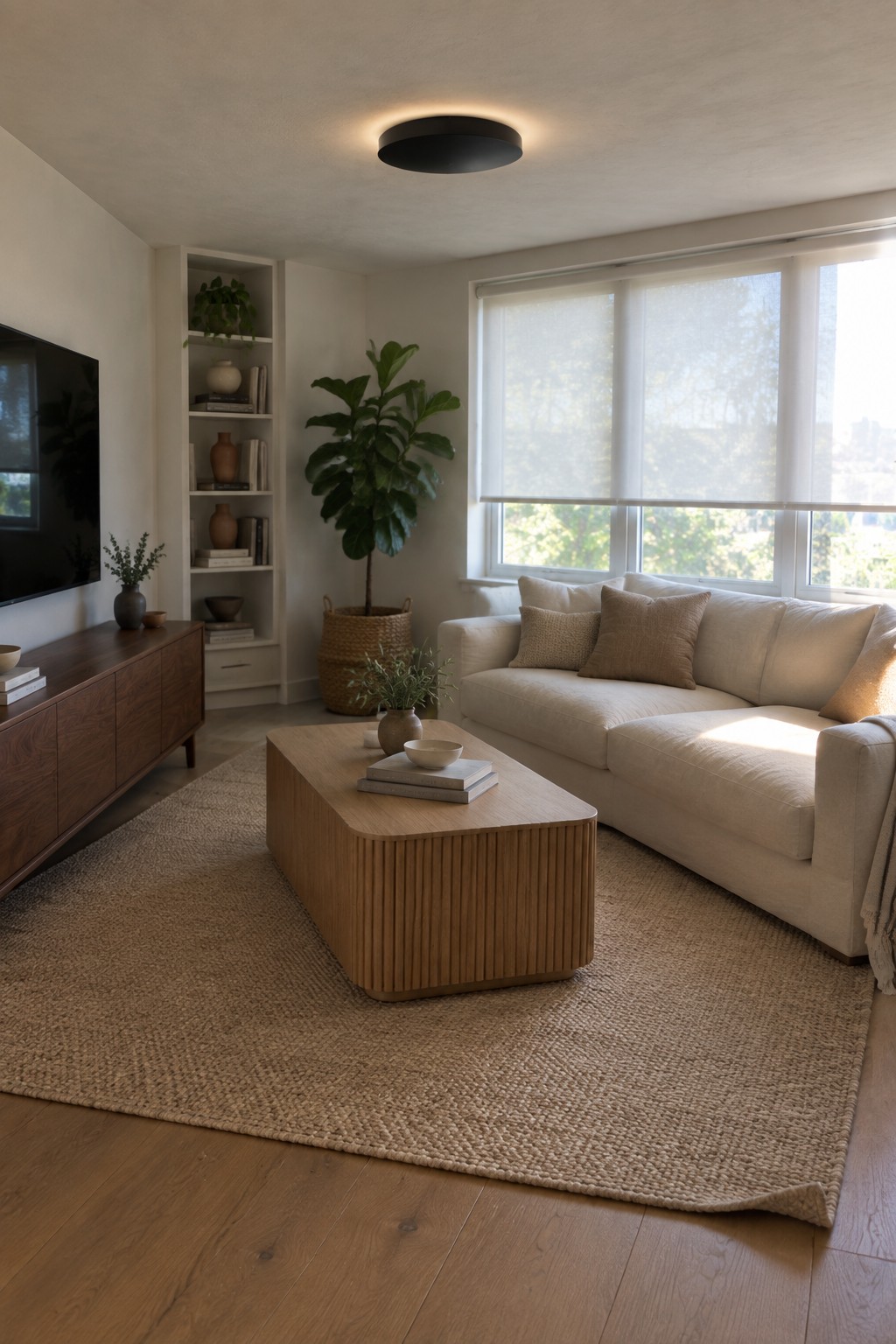 A modern living room with a black circular flush mount light centered on a light ceiling above a beige sofa and wooden coffee table.