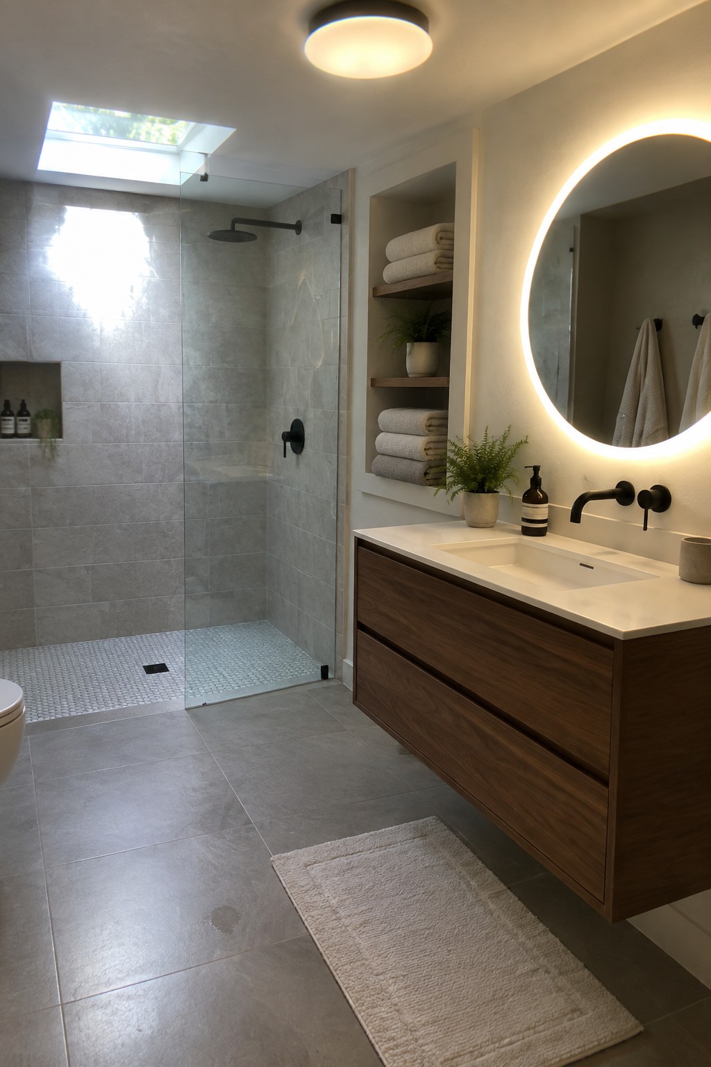 A modern bathroom with gray tiled walls and floor, a glass shower, floating wood vanity, and a round flush mount ceiling light above the sink area.