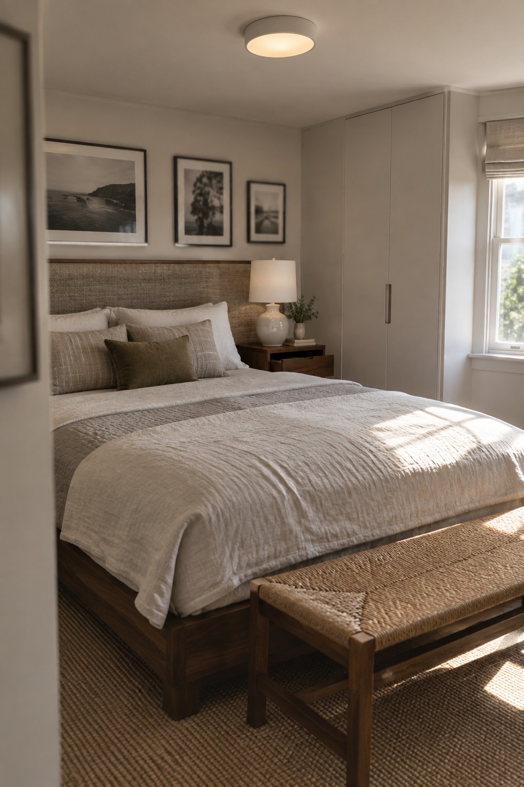 A modern bedroom with a round white flush mount ceiling light above a wooden bed with neutral linens and three framed photos on the wall.
