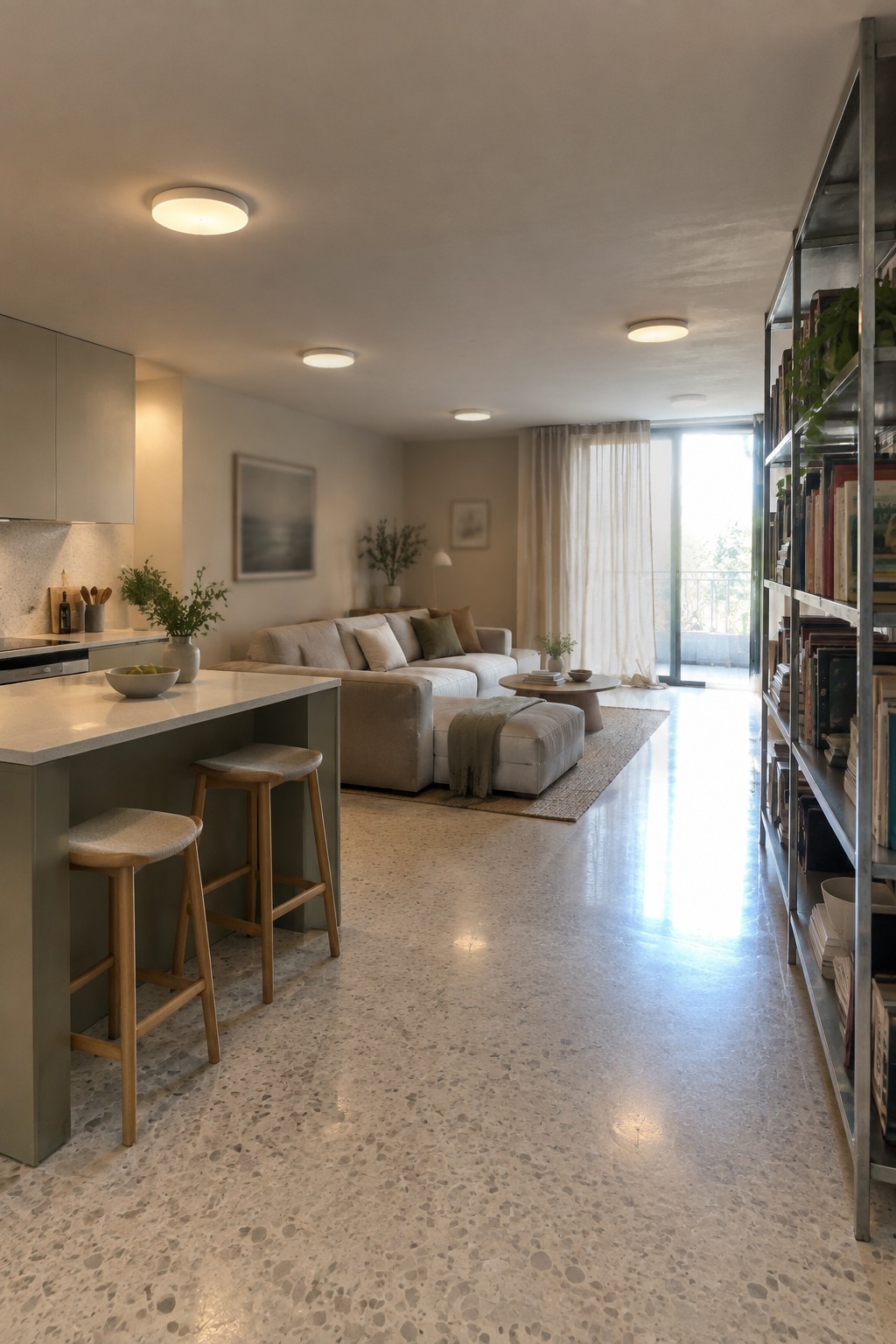 Modern open-plan living space with kitchen island, stools, sofa, and tall bookshelf, lit by multiple round flush mount ceiling lights.