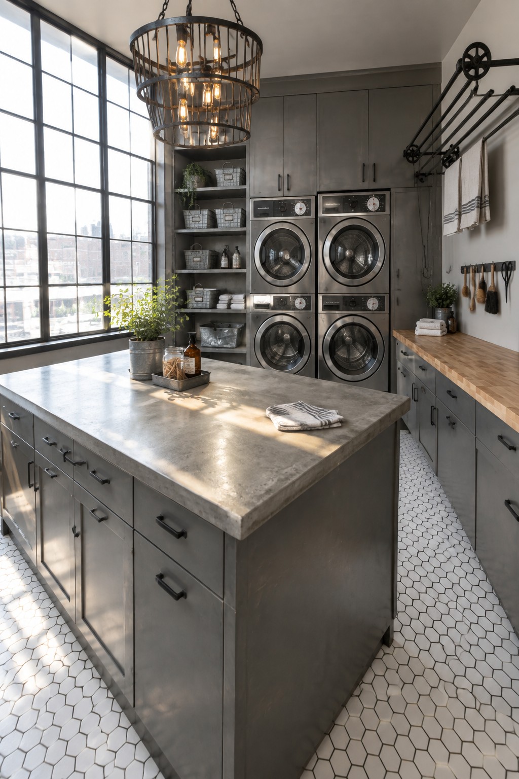 A spacious laundry room with gray cabinets, stacked stainless steel washers and dryers, a large concrete island, and a round industrial chandelier hanging above it.