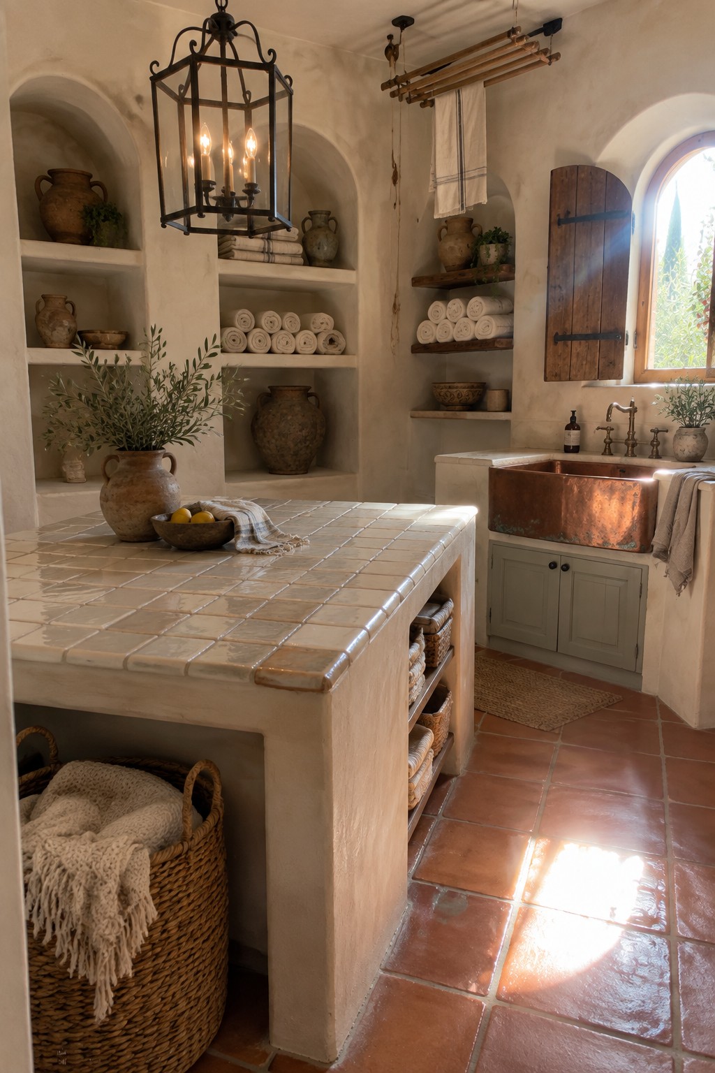 A rustic laundry room featuring a large black metal lantern chandelier suspended above a white tiled island, with terracotta flooring and a copper sink visible.