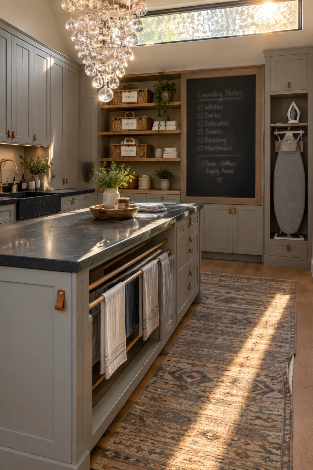 A spacious laundry room with gray cabinetry, a dark stone island topped with a large crystal chandelier, open shelving with baskets, and a built-in ironing board station.