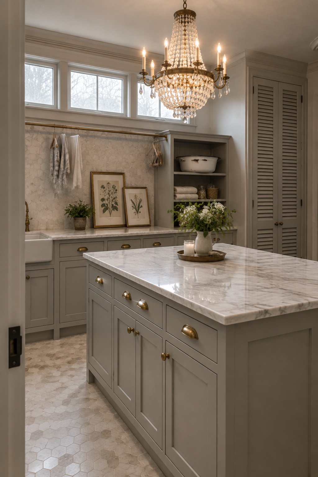Elegant gray kitchen with marble island, crystal chandelier, and botanical prints