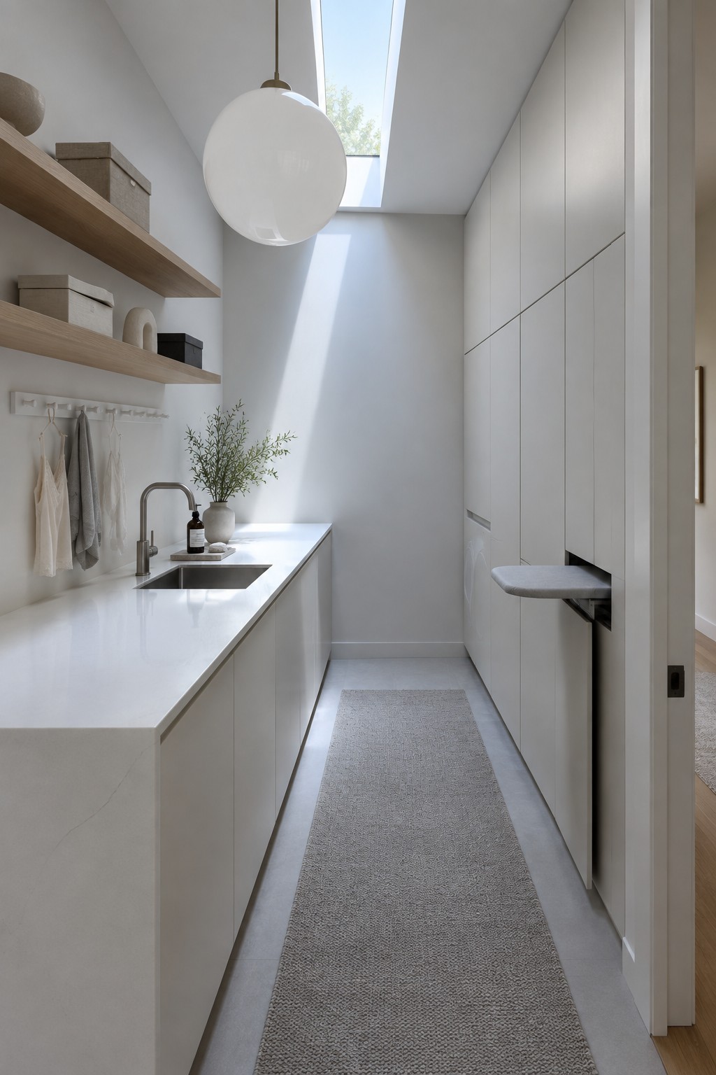 A long narrow laundry room with white cabinets along one wall, a white countertop and sink, open wooden shelves, and a large spherical white pendant light hanging from the ceiling.