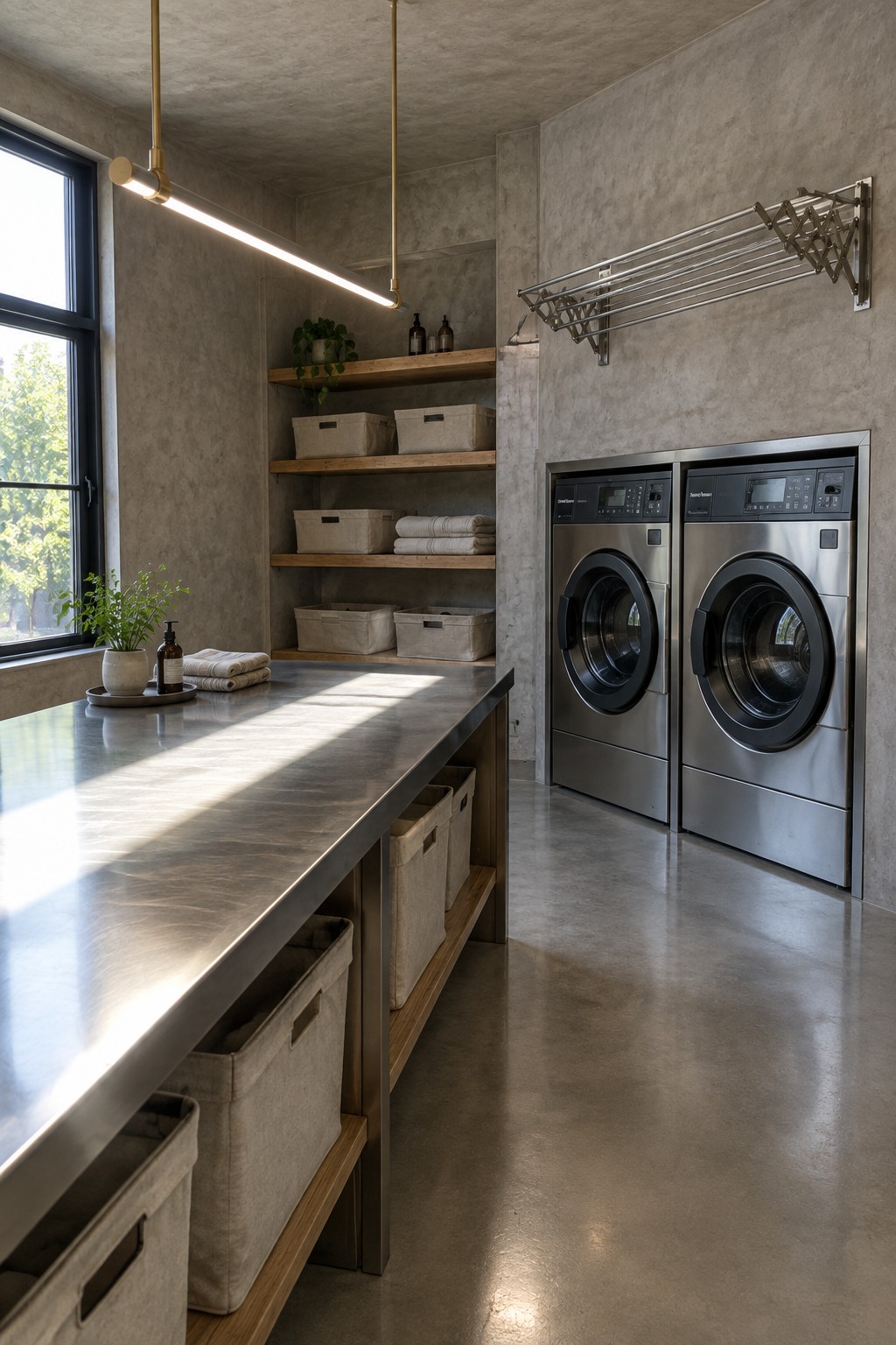 A modern laundry room featuring a long stainless steel countertop, wooden open shelves with fabric storage bins, two front-loading washing machines, and two long linear pendant lights suspended above the counter.