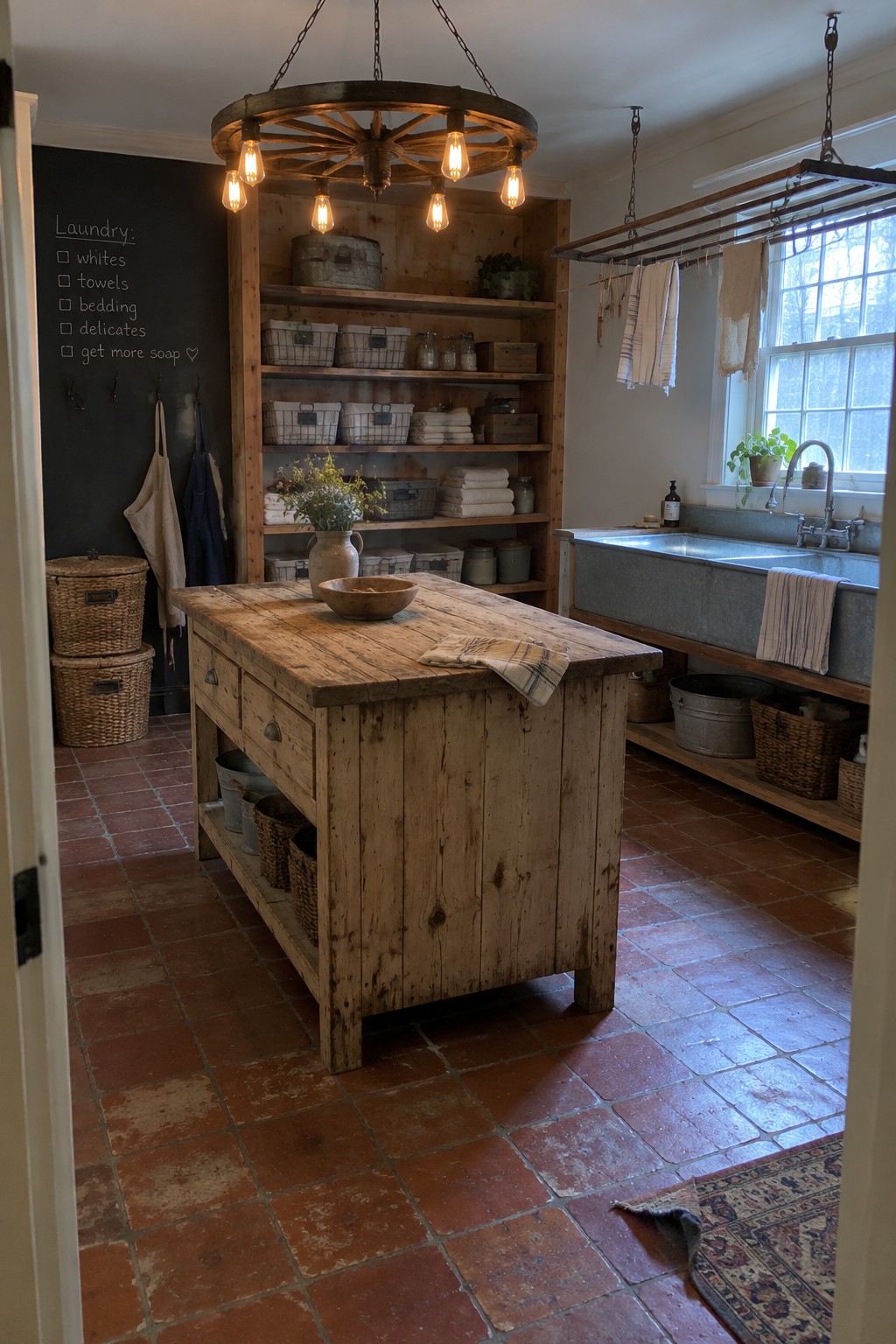 Rustic wooden kitchen island under wagon wheel chandelier in farmhouse laundry room.