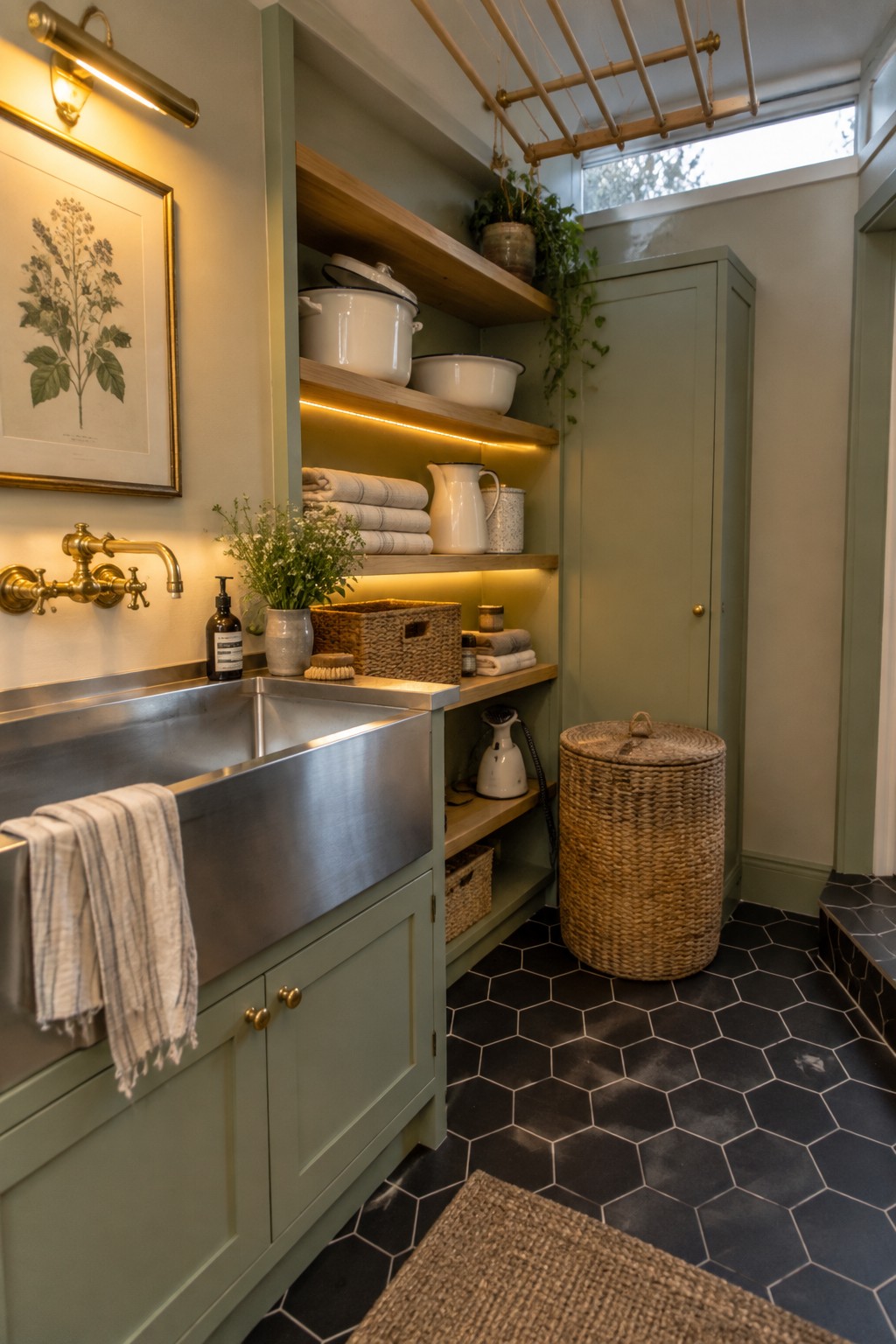 A laundry room with green cabinetry, a stainless steel sink, wooden open shelves with under-shelf lighting, and a large woven basket on black hexagonal tile flooring.