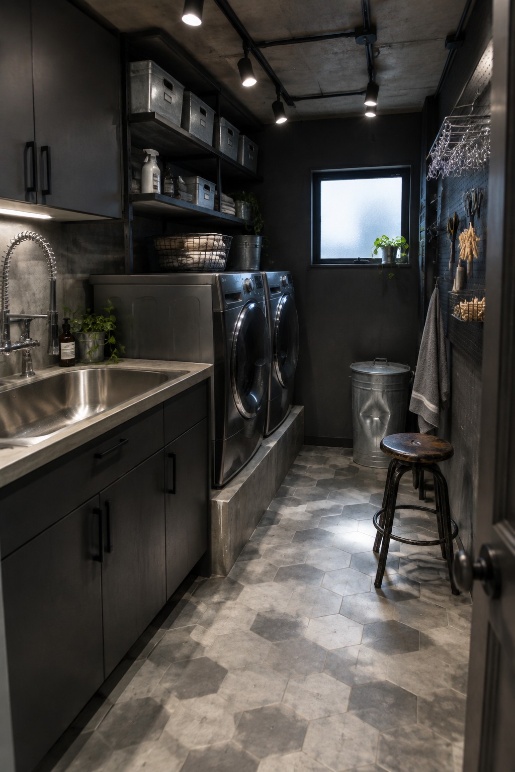 A narrow dark laundry room with black cabinets, two front-loading washing machines, a stainless steel sink, open shelving with bins, and multiple black track lights on the ceiling.