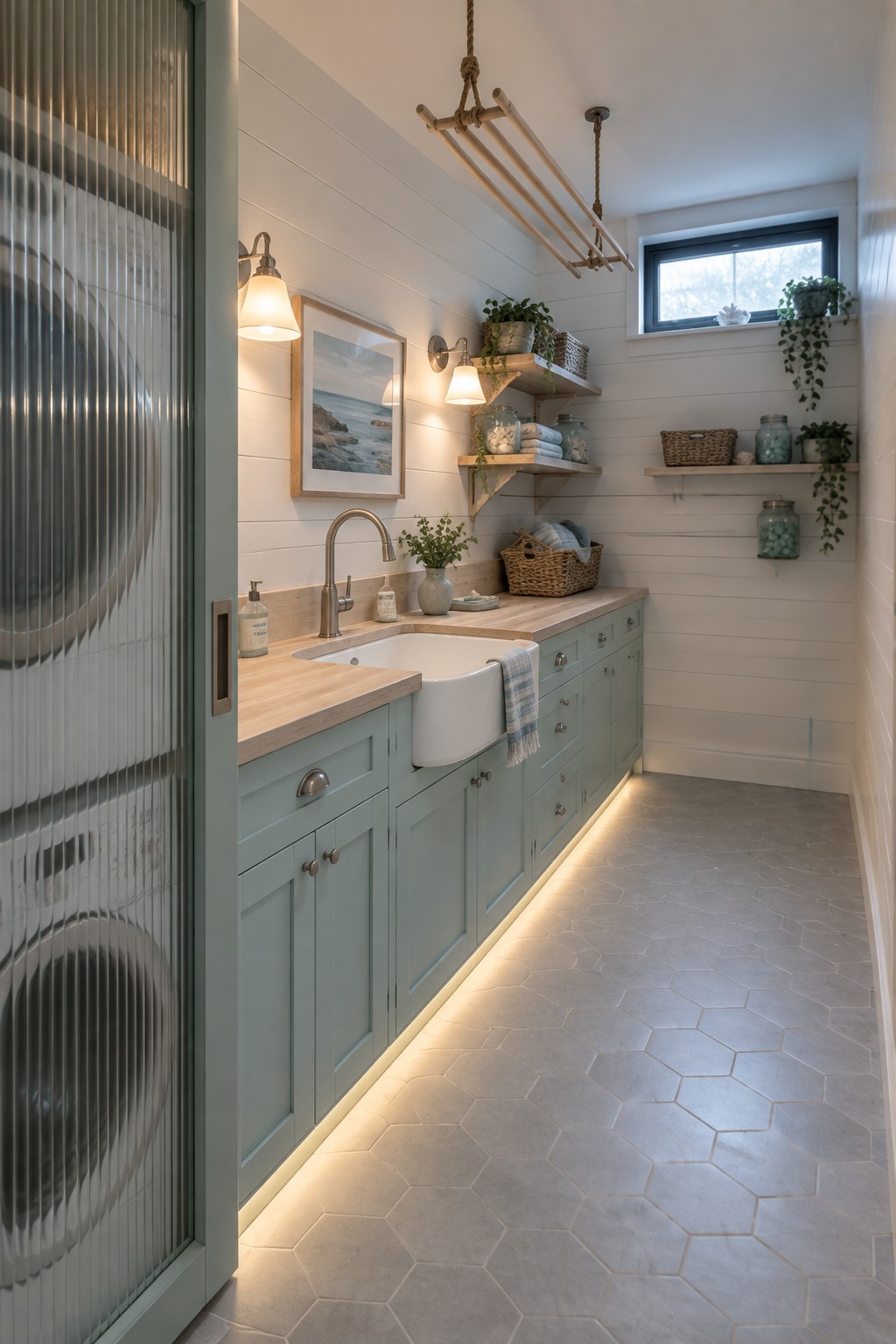 Sage green laundry room with white farmhouse sink, wooden counter, and hex tiles