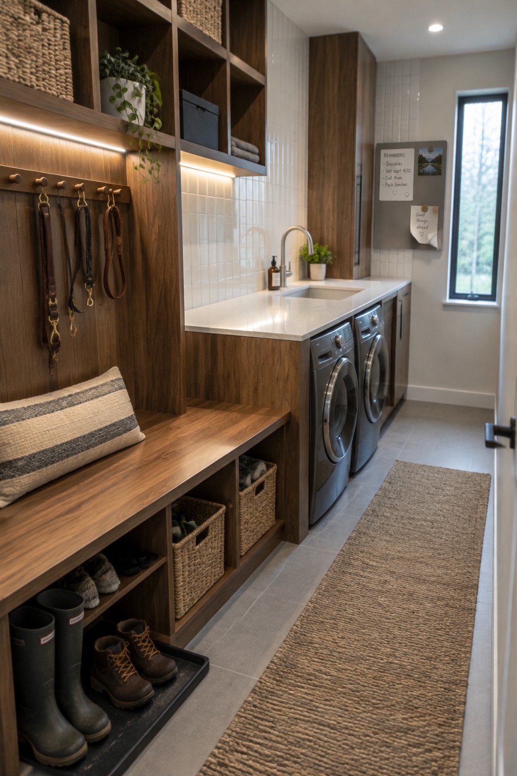 Modern mudroom with wooden bench, shoe storage, washer, dryer, and hanging leashes.