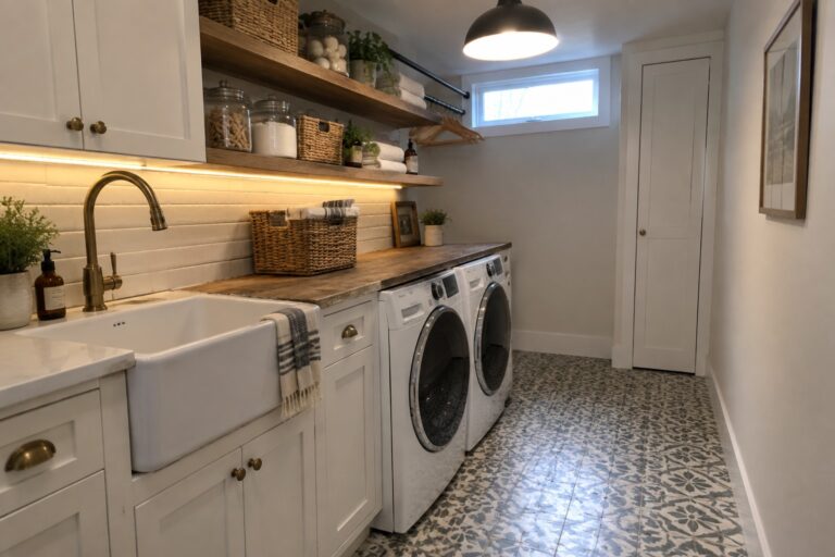 A narrow laundry room with white cabinets, a farmhouse sink, two front-loading washers, wooden floating shelves holding baskets and jars, and a large gray pendant light hanging above patterned tile flooring.