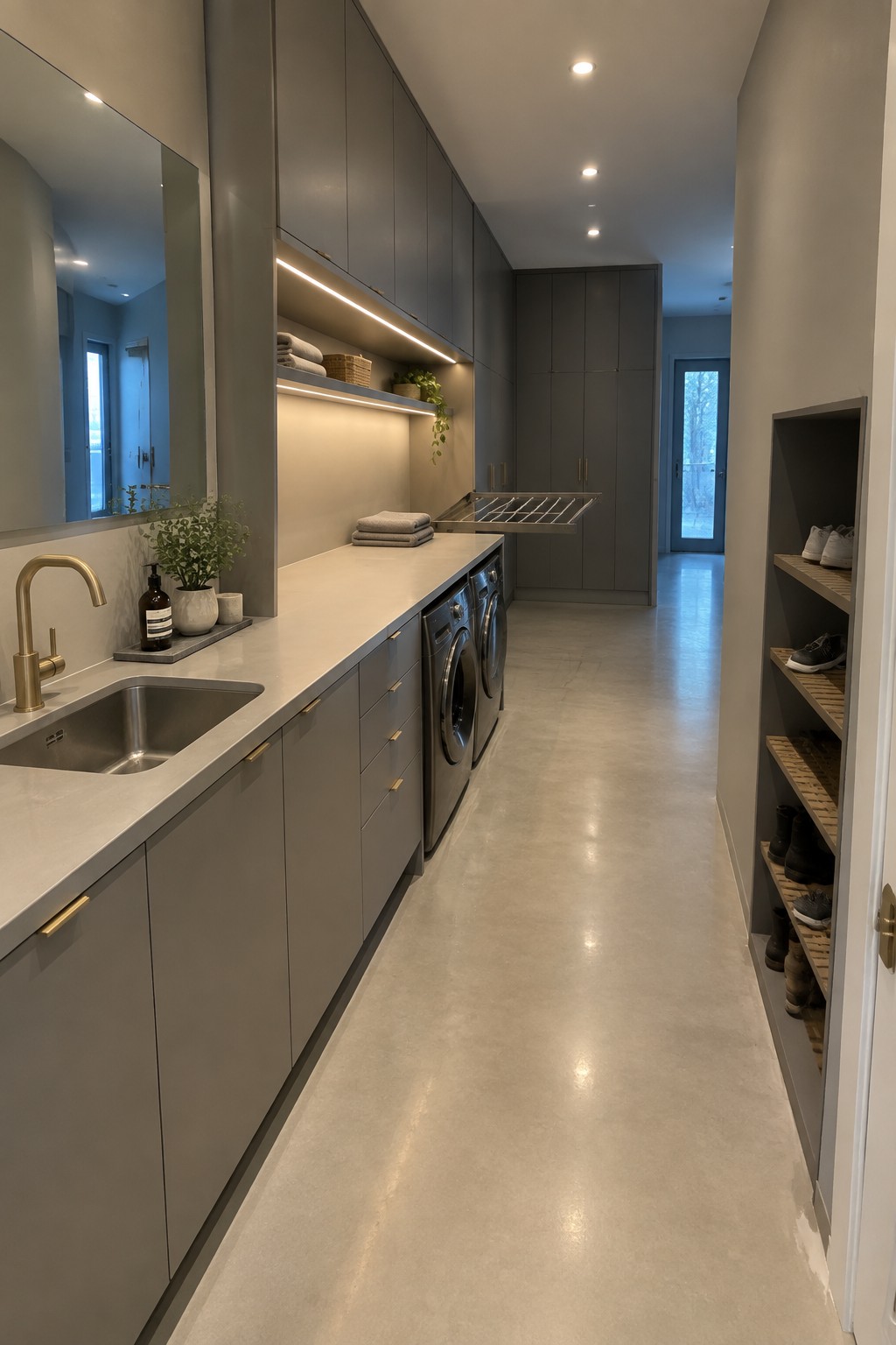 Modern gray laundry room with sink, washing machines, and wooden shoe shelves