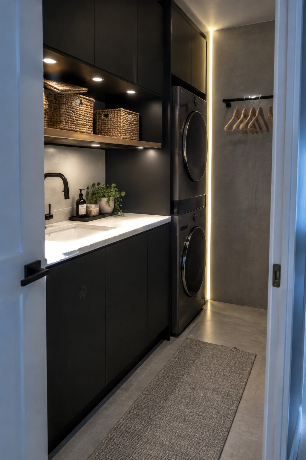 A narrow laundry room with black cabinets, white countertop sink, stacked washer and dryer, woven baskets, and a vertical LED light strip glowing along the right wall.